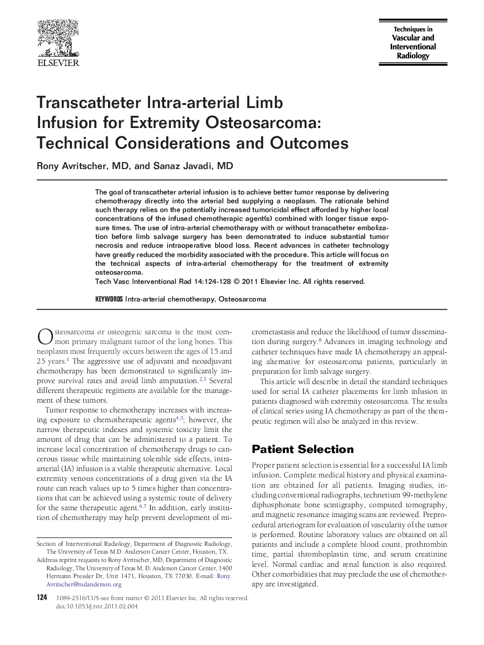 Transcatheter Intra-arterial Limb Infusion for Extremity Osteosarcoma: Technical Considerations and Outcomes