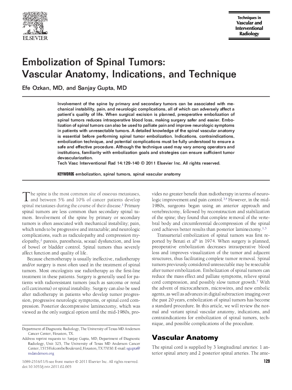 Embolization of Spinal Tumors: Vascular Anatomy, Indications, and Technique