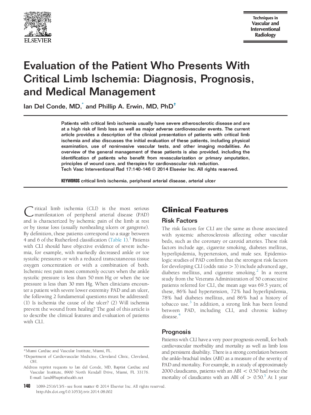 Evaluation of the Patient Who Presents With Critical Limb Ischemia: Diagnosis, Prognosis, and Medical Management