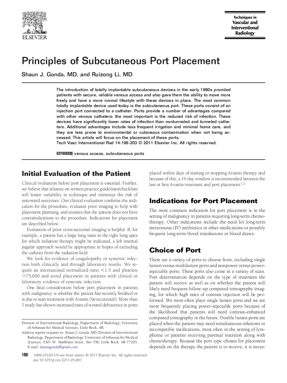 Principles of Subcutaneous Port Placement