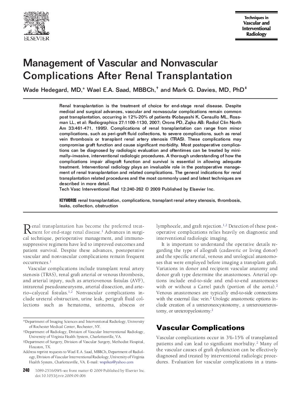 Management of Vascular and Nonvascular Complications After Renal Transplantation