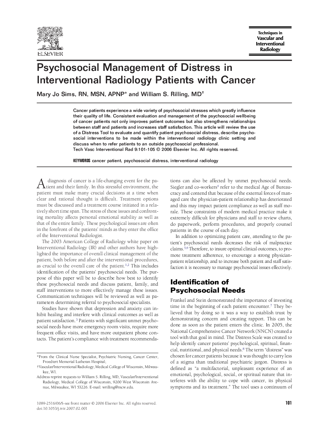 Psychosocial Management of Distress in Interventional Radiology Patients with Cancer