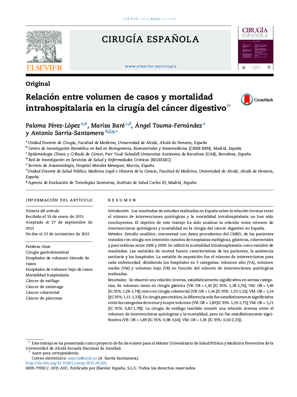 Relación entre volumen de casos y mortalidad intrahospitalaria en la cirugÃ­a del cáncer digestivo