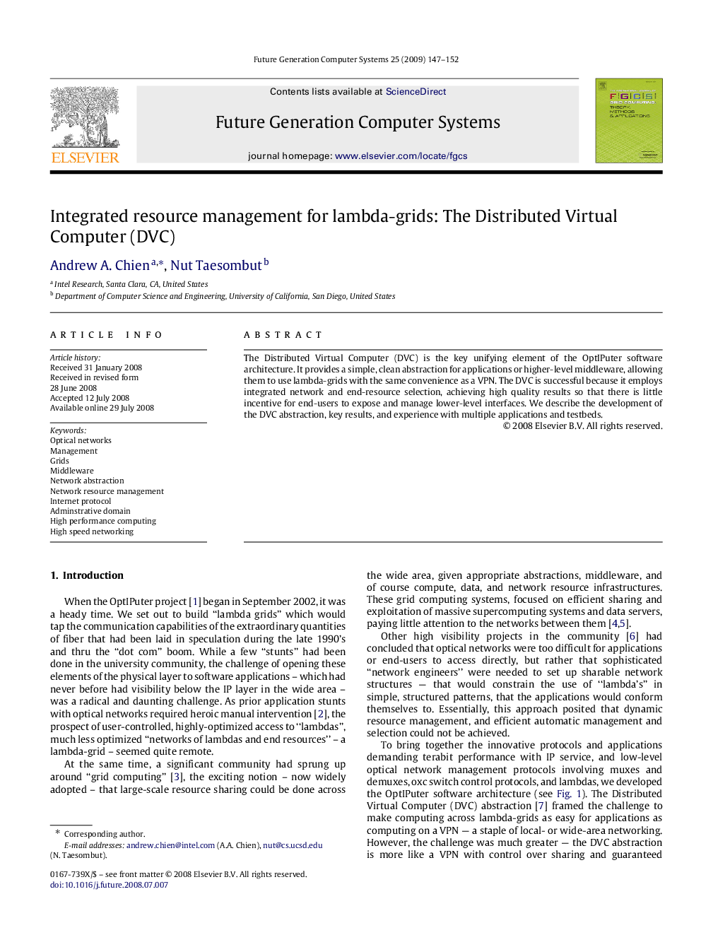 Integrated resource management for lambda-grids: The Distributed Virtual Computer (DVC)