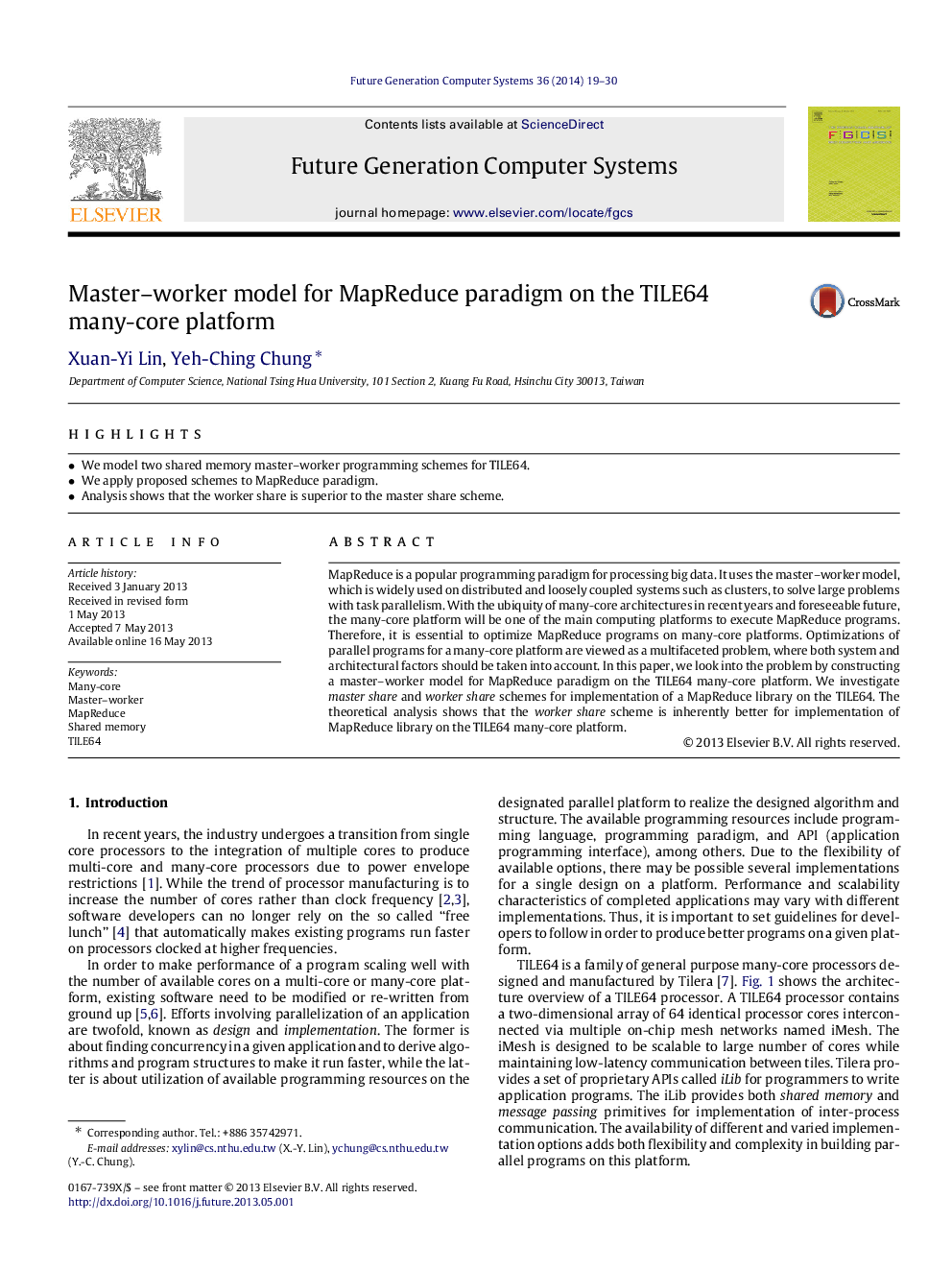 Master–worker model for MapReduce paradigm on the TILE64 many-core platform