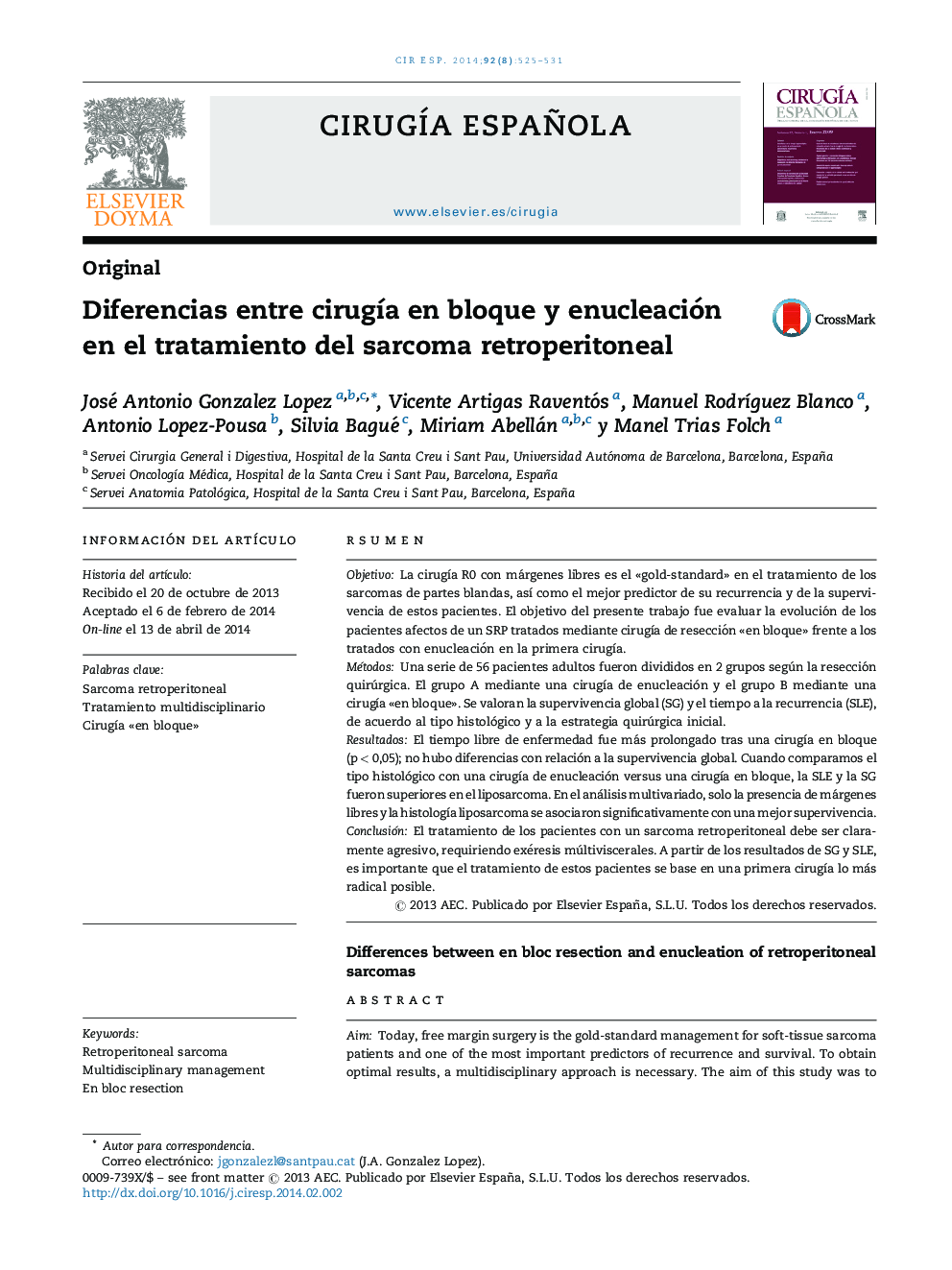 Diferencias entre cirugÃ­a en bloque y enucleación en el tratamiento del sarcoma retroperitoneal