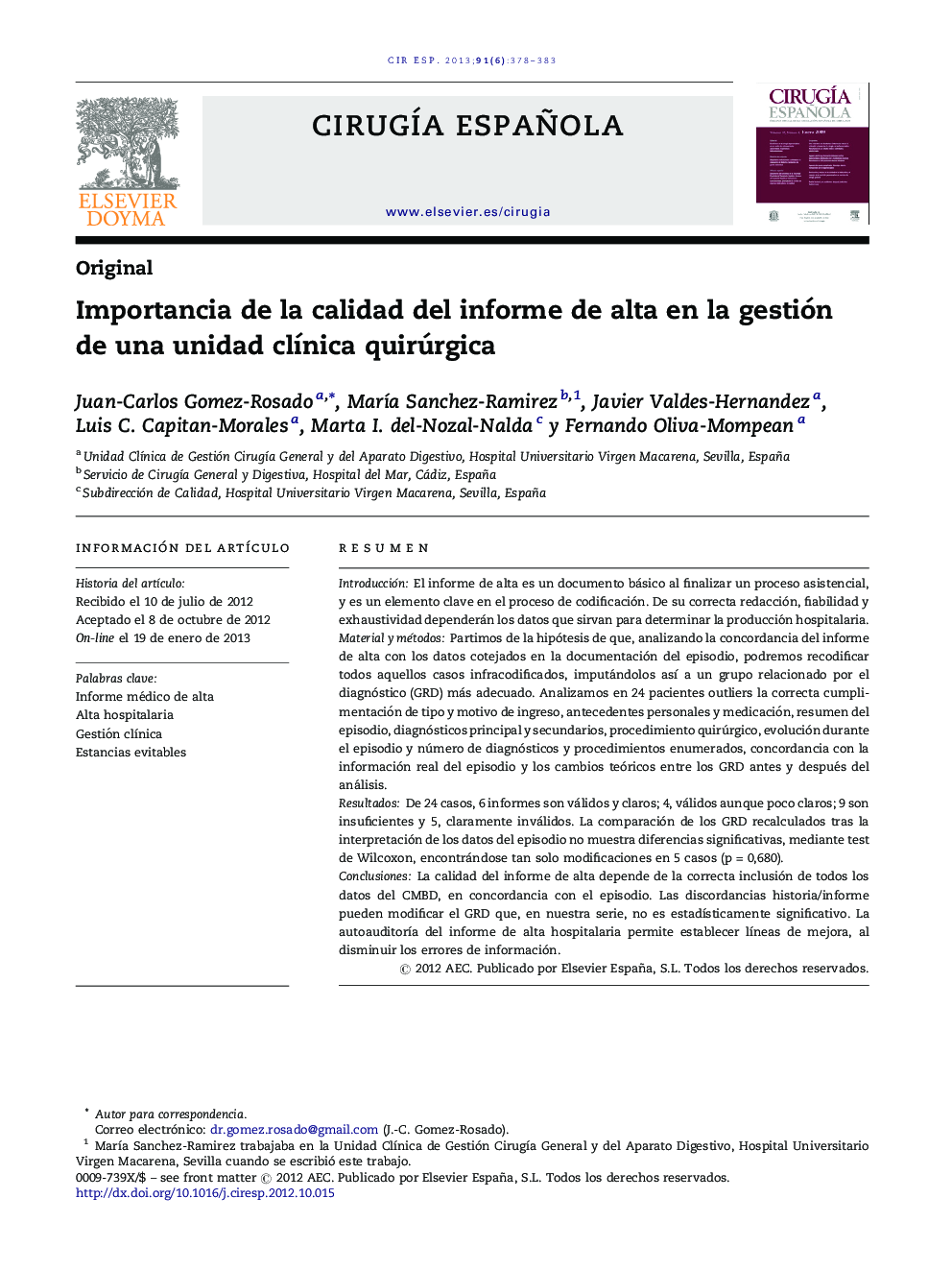 Importancia de la calidad del informe de alta en la gestión de una unidad clínica quirúrgica