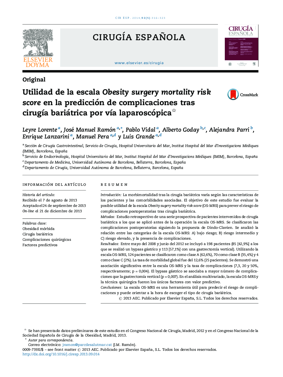 Utilidad de la escala Obesity surgery mortality risk score en la predicción de complicaciones tras cirugÃ­a bariátrica por vÃ­a laparoscópica