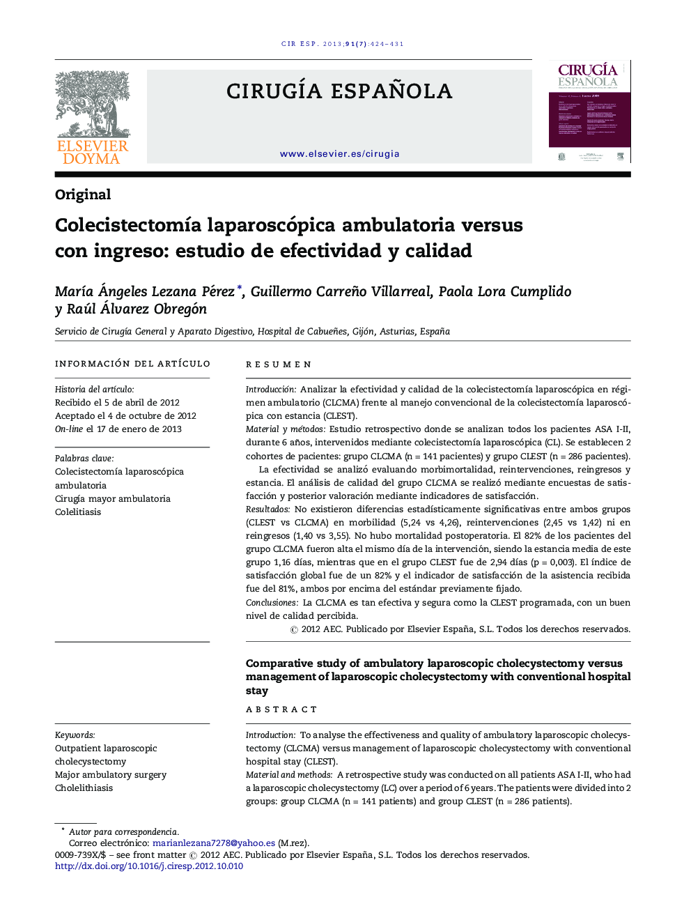 ColecistectomÃ­a laparoscópica ambulatoria versus con ingreso: estudio de efectividad y calidad