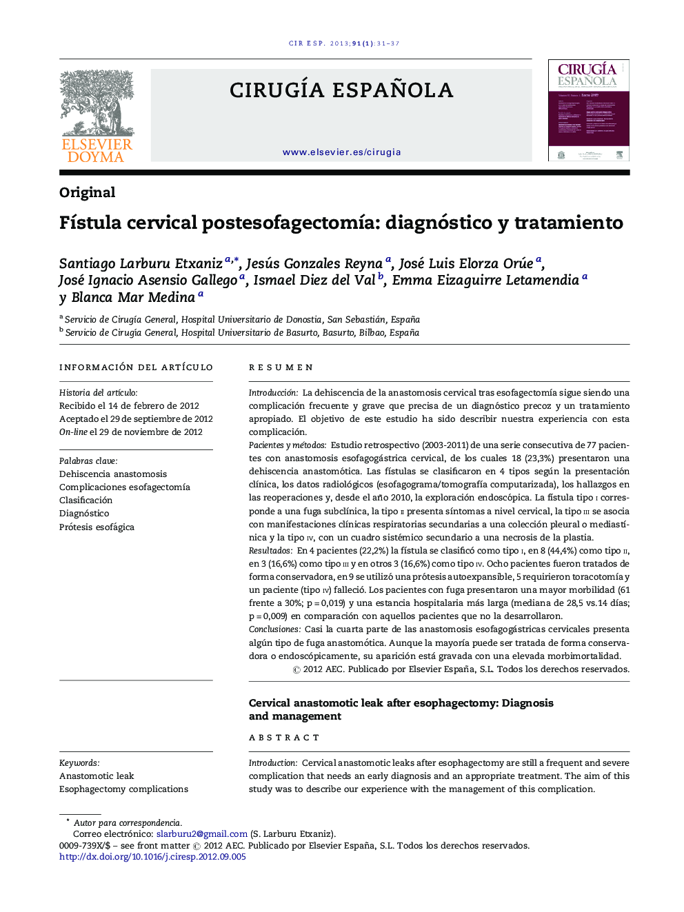Fístula cervical postesofagectomía: diagnóstico y tratamiento