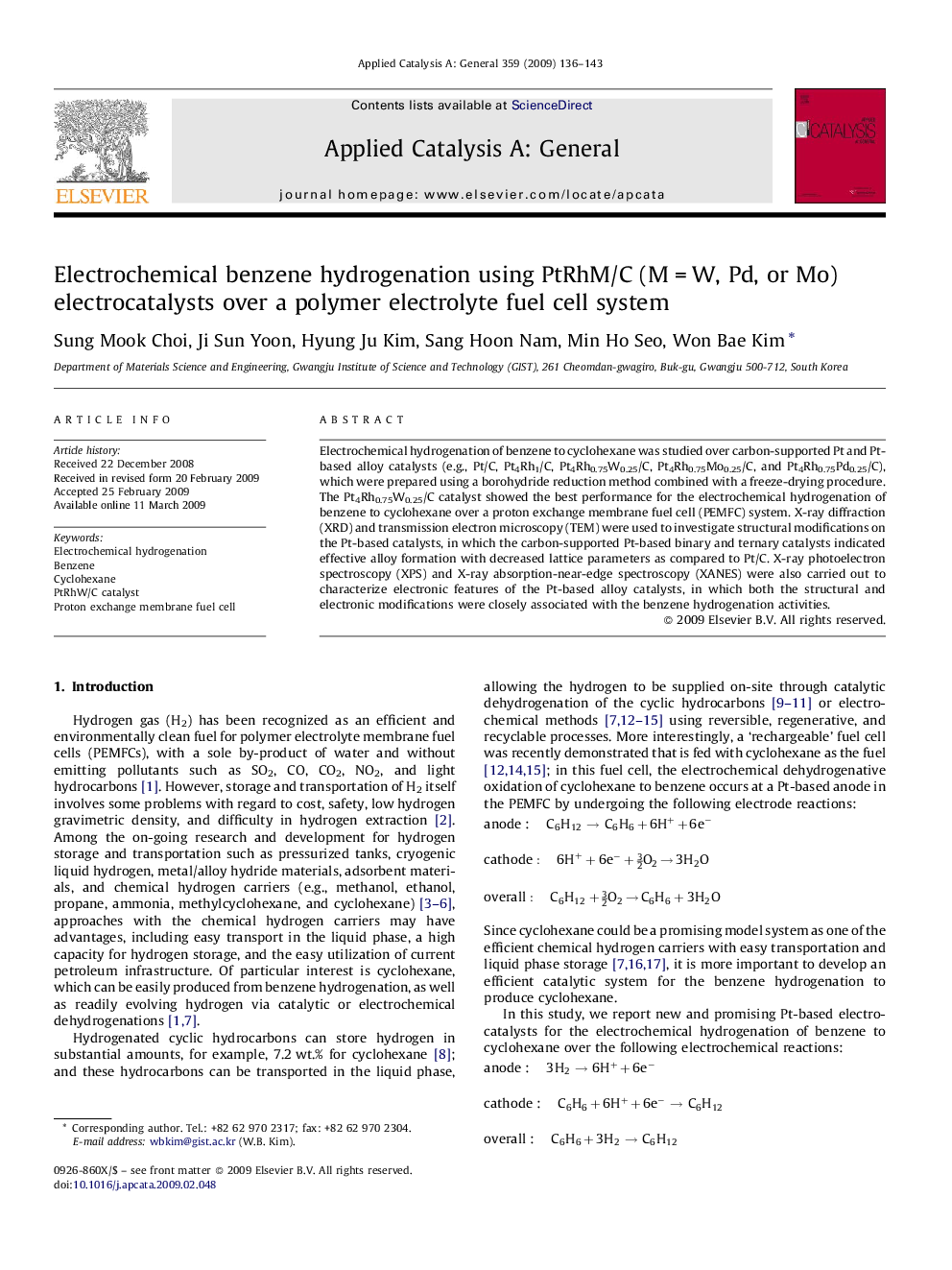 Electrochemical benzene hydrogenation using PtRhM/C (M = W, Pd, or Mo) electrocatalysts over a polymer electrolyte fuel cell system