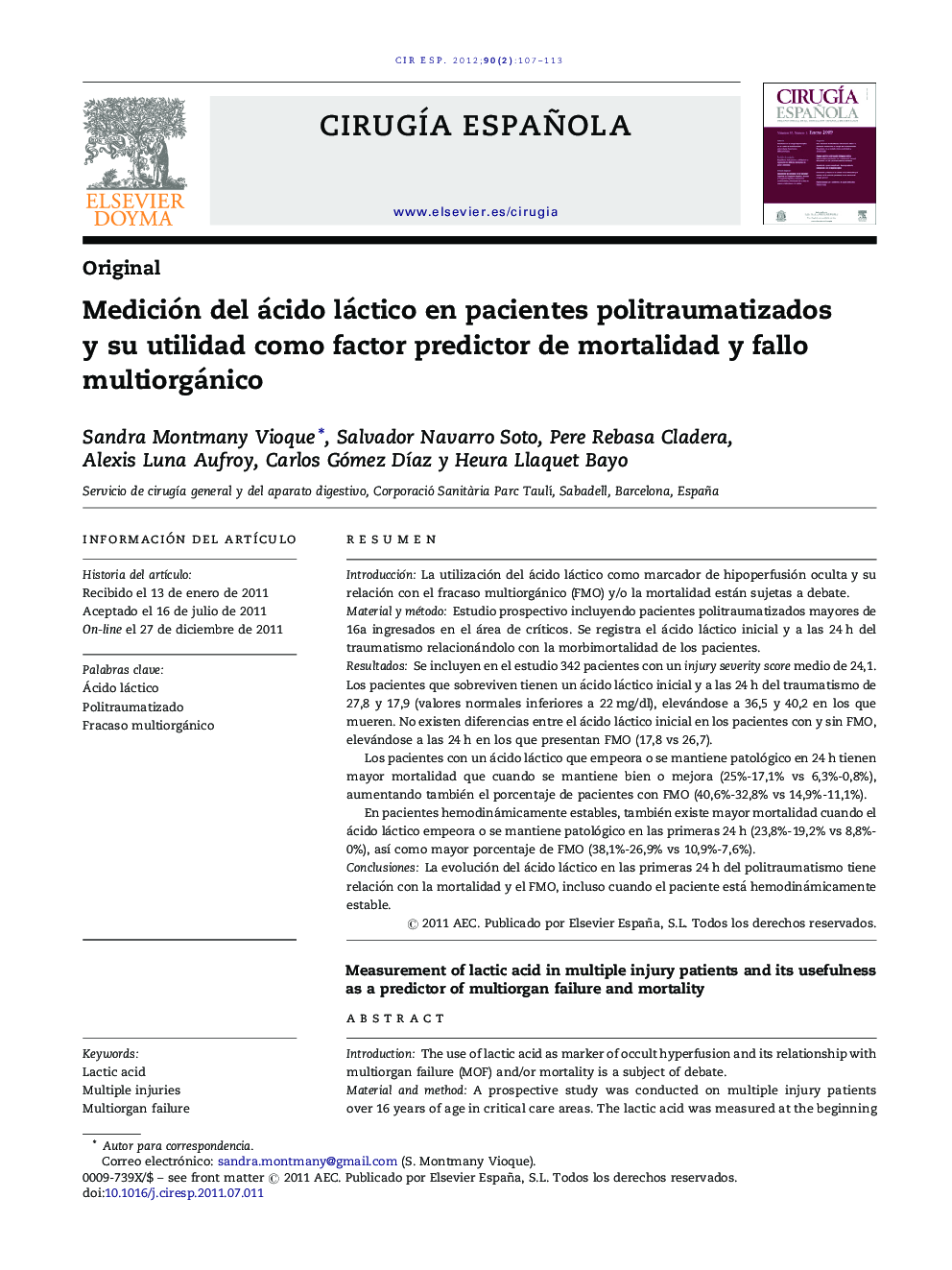 Medición del ácido láctico en pacientes politraumatizados y su utilidad como factor predictor de mortalidad y fallo multiorgánico