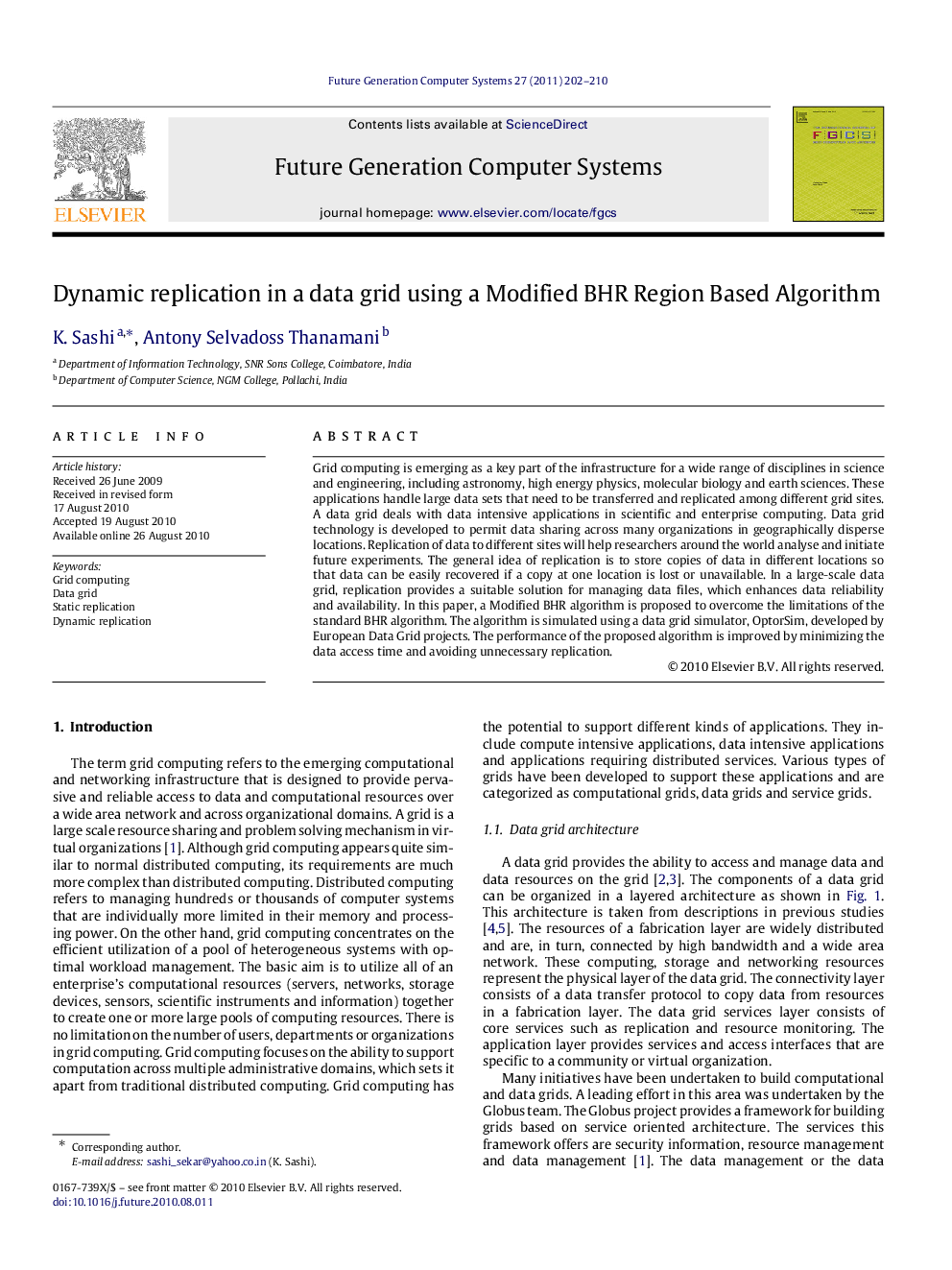 Dynamic replication in a data grid using a Modified BHR Region Based Algorithm