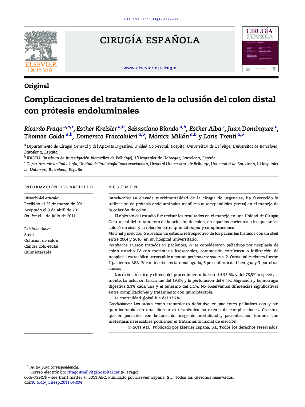 Complicaciones del tratamiento de la oclusión del colon distal con prótesis endoluminales