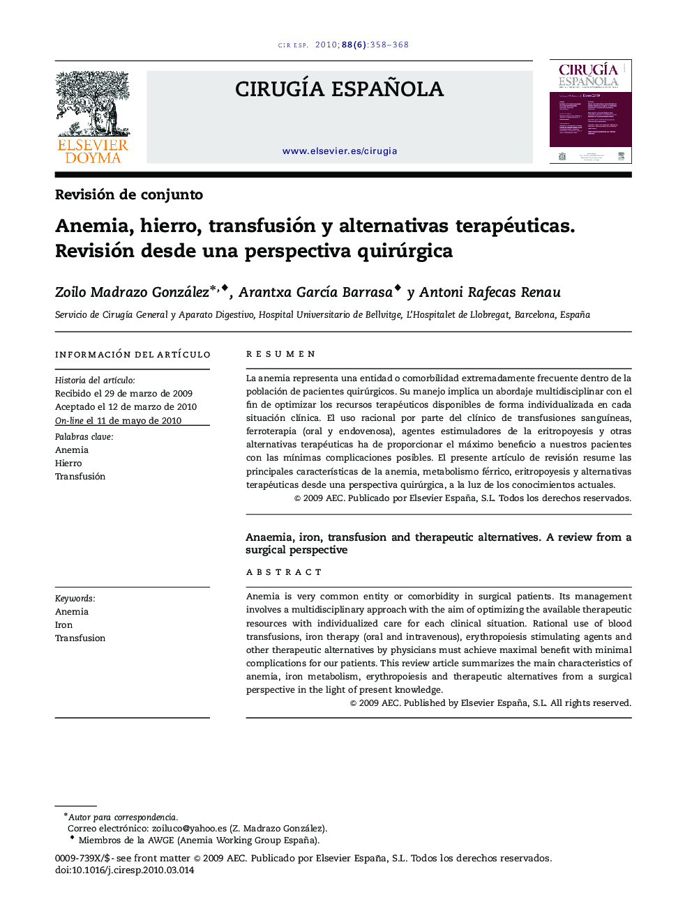 Anemia, hierro, transfusión y alternativas terapéuticas. Revisión desde una perspectiva quirúrgica