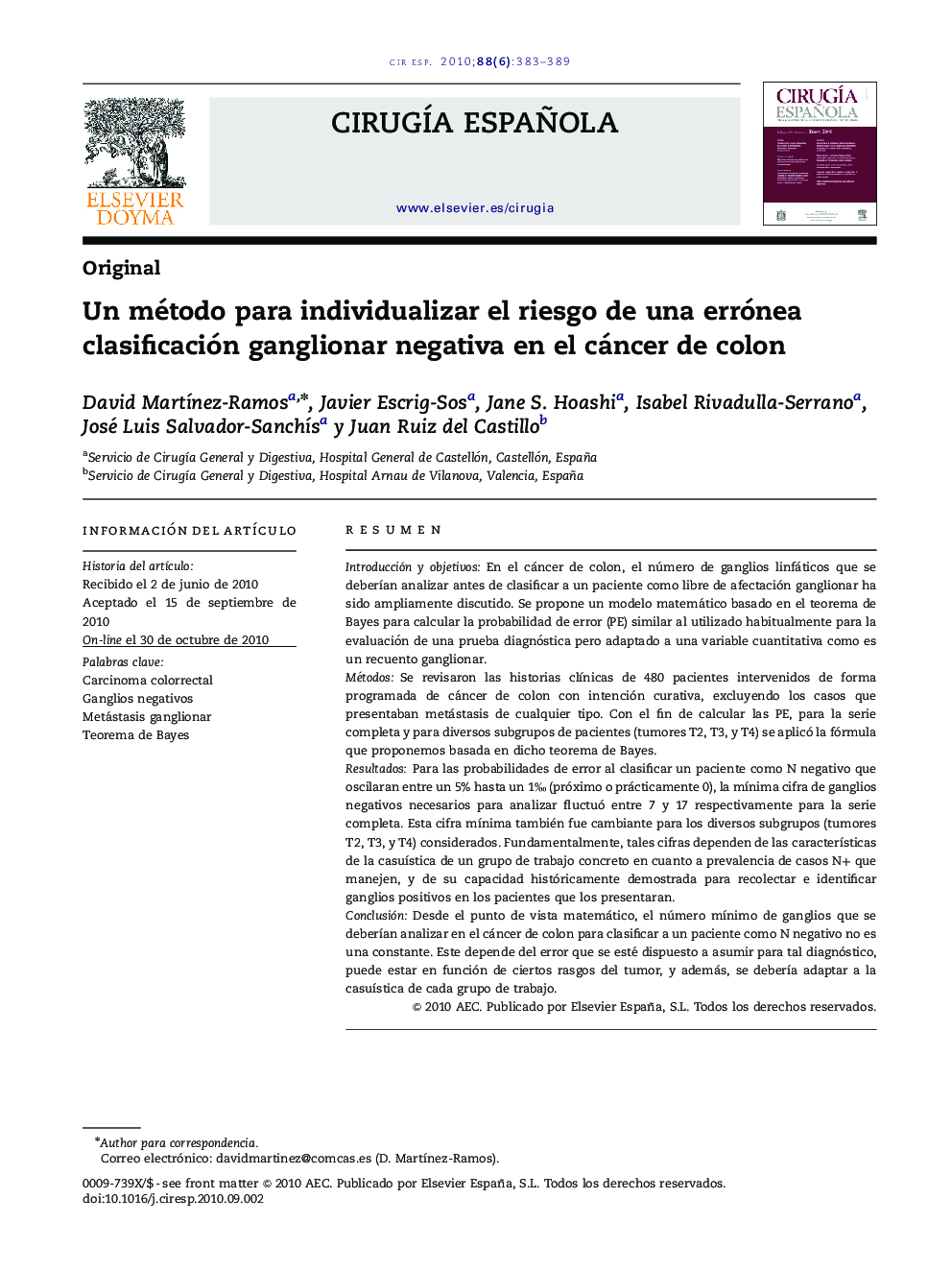 Un método para individualizar el riesgo de una errónea clasificación ganglionar negativa en el cáncer de colon