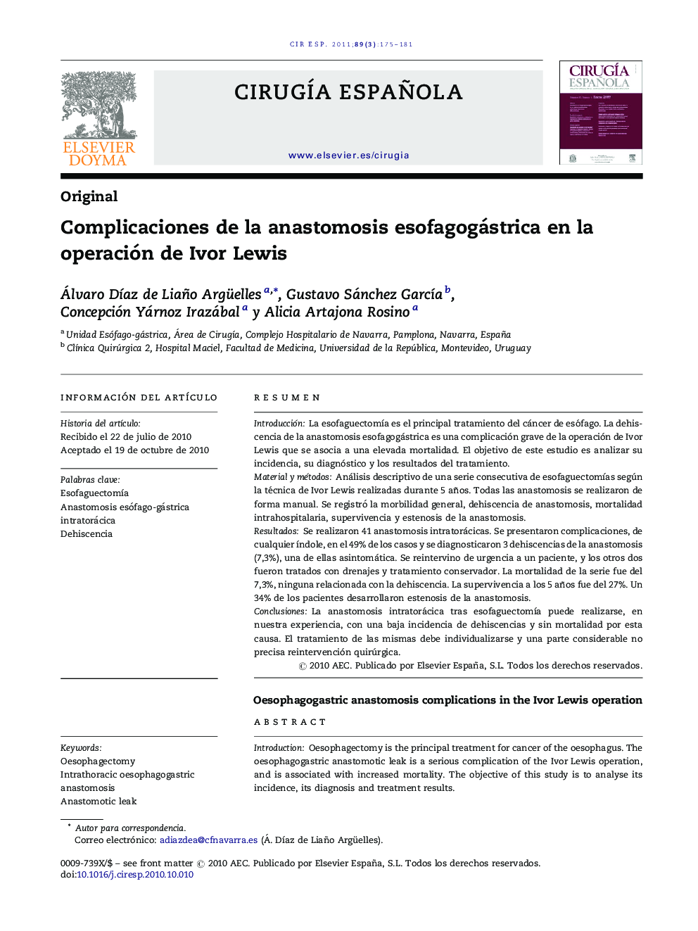 Complicaciones de la anastomosis esofagogástrica en la operación de Ivor Lewis