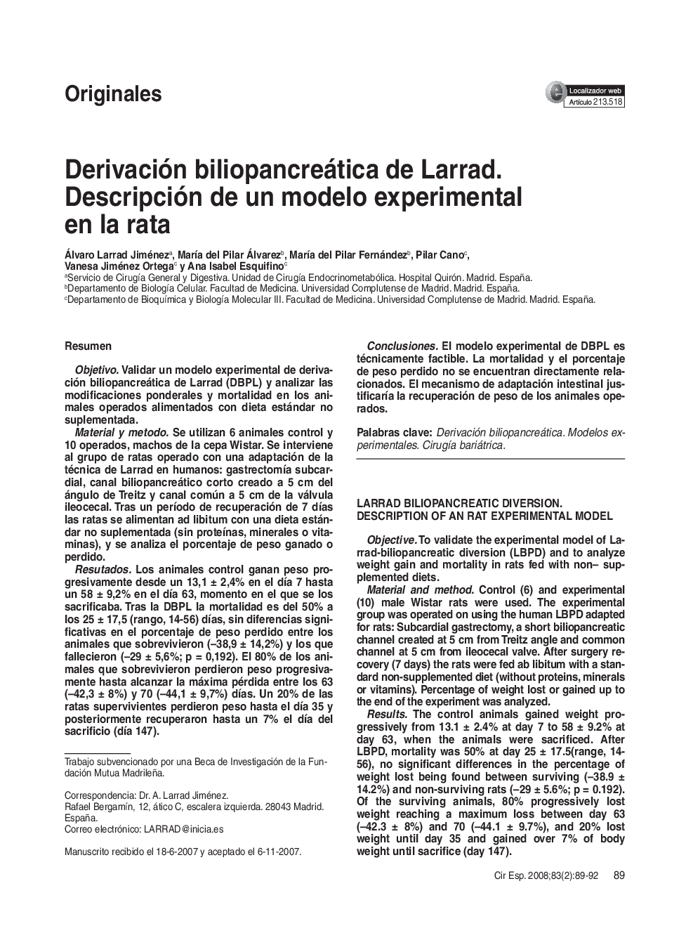 Derivación biliopancreática de Larrad. Descripción de un modelo experimental en la rata