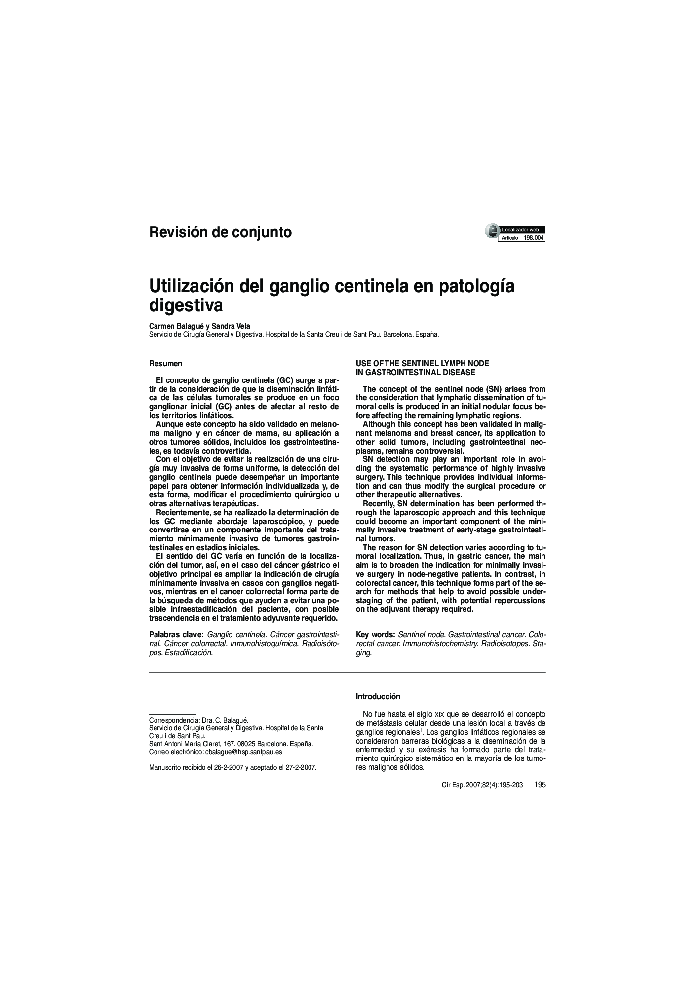 Utilización del ganglio centinela en patologÃ­a digestiva
