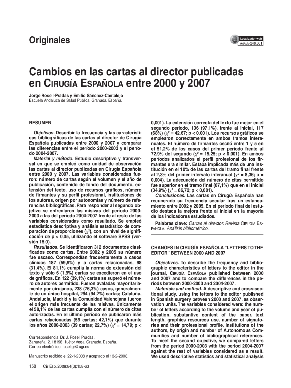 Cambios en las cartas al director publicadas en CIRUGÍA ESPAÃOLA entre 2000 y 2007