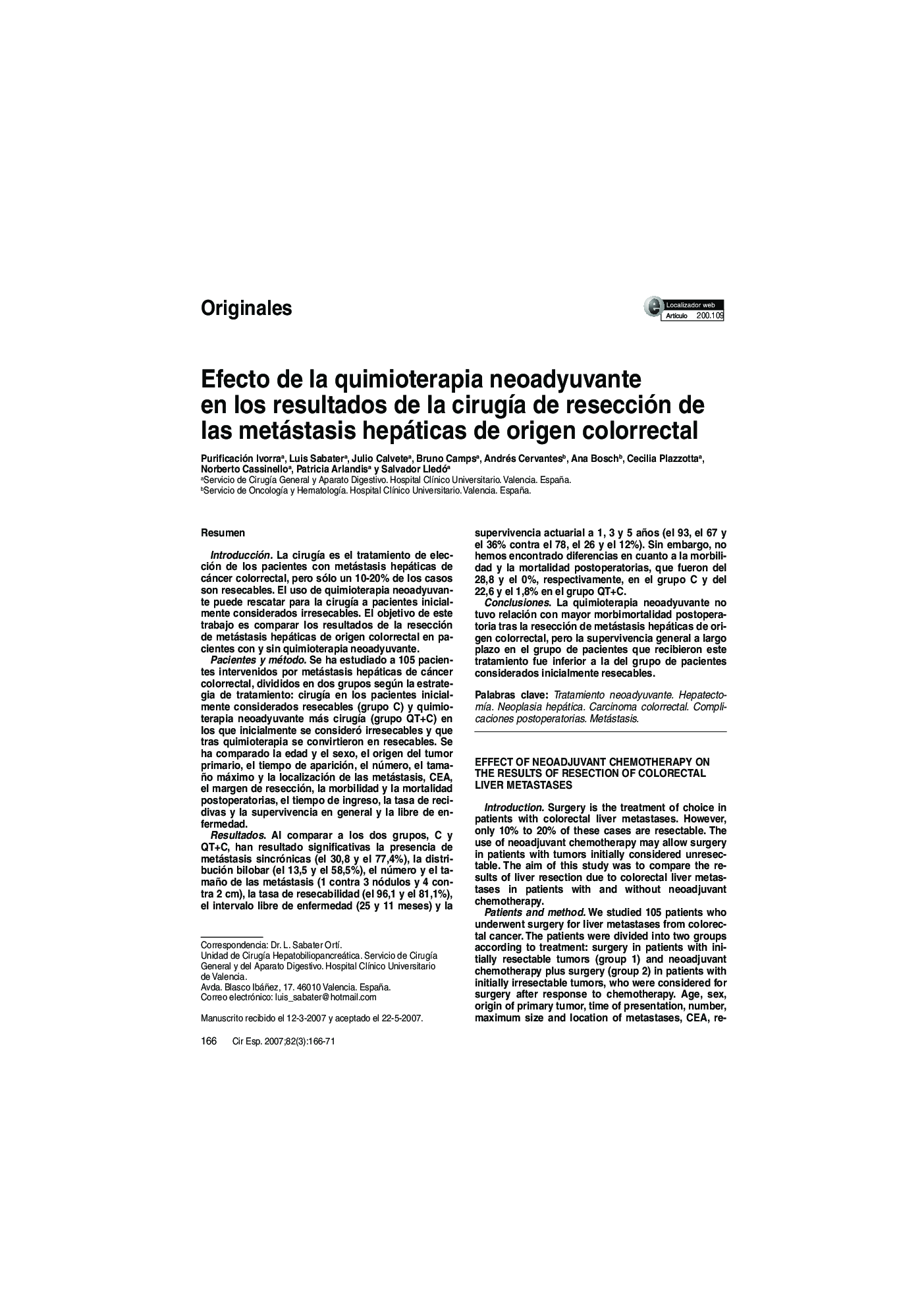 Efecto de la quimioterapia neoadyuvante en los resultados de la cirugÃ­a de resección de las metástasis hepáticas de origen colorrectal