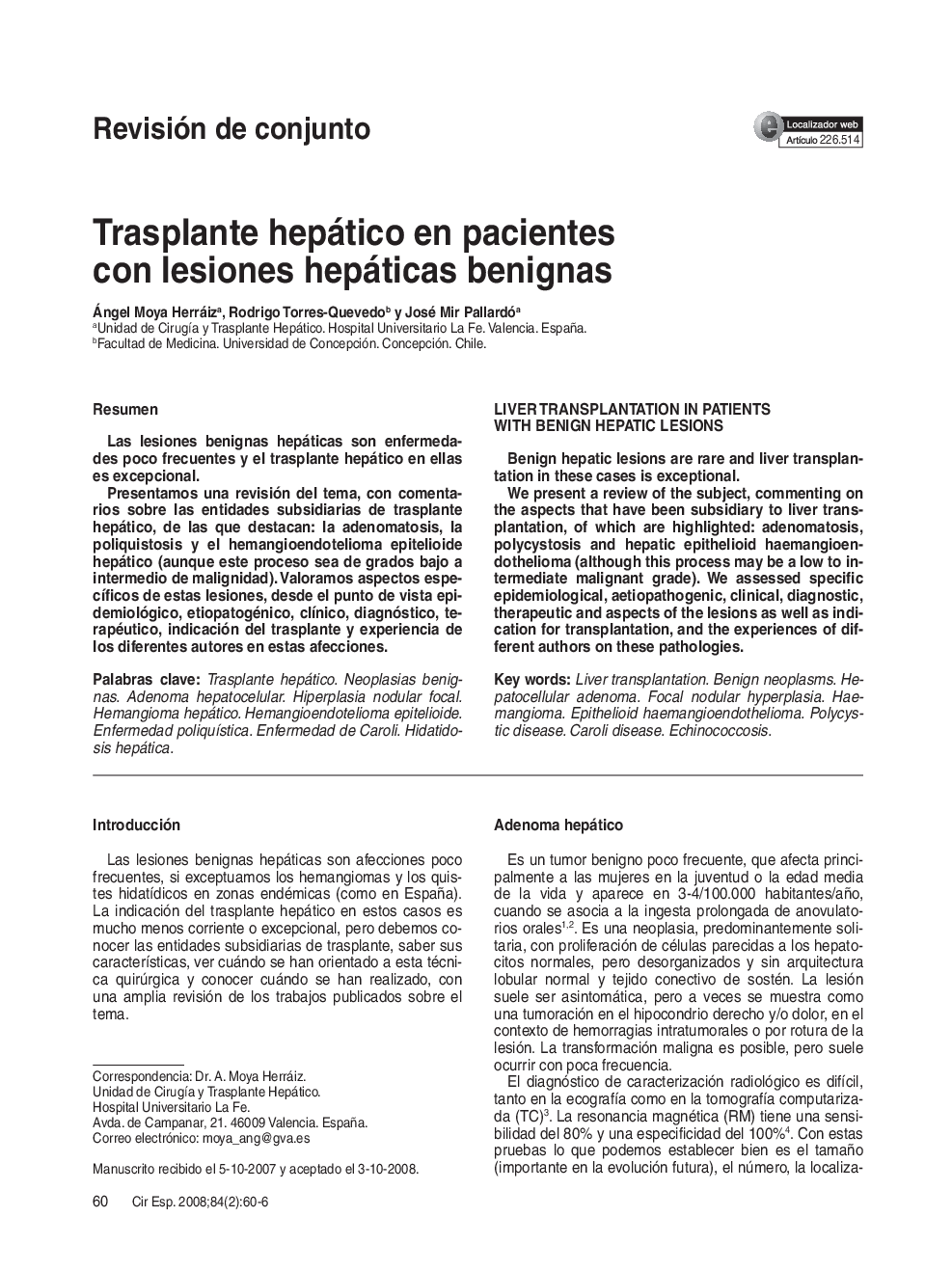 Trasplante hepático en pacientes con lesiones hepáticas benignas