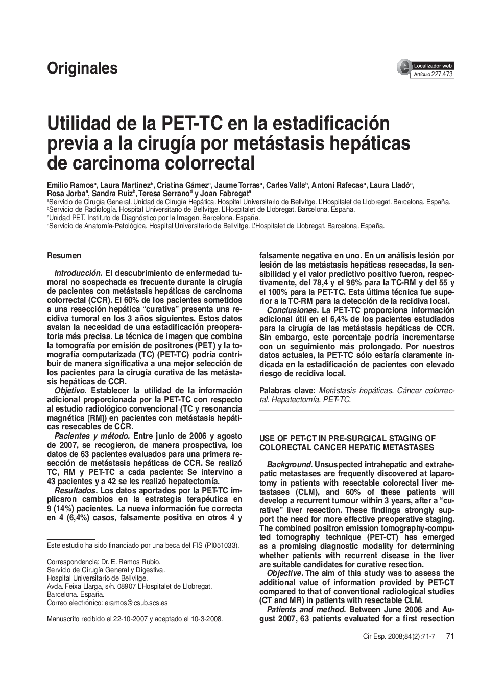 Utilidad de la PET-TC en la estadificación previa a la cirugÃ­a por metástasis hepáticas de carcinoma colorrectal