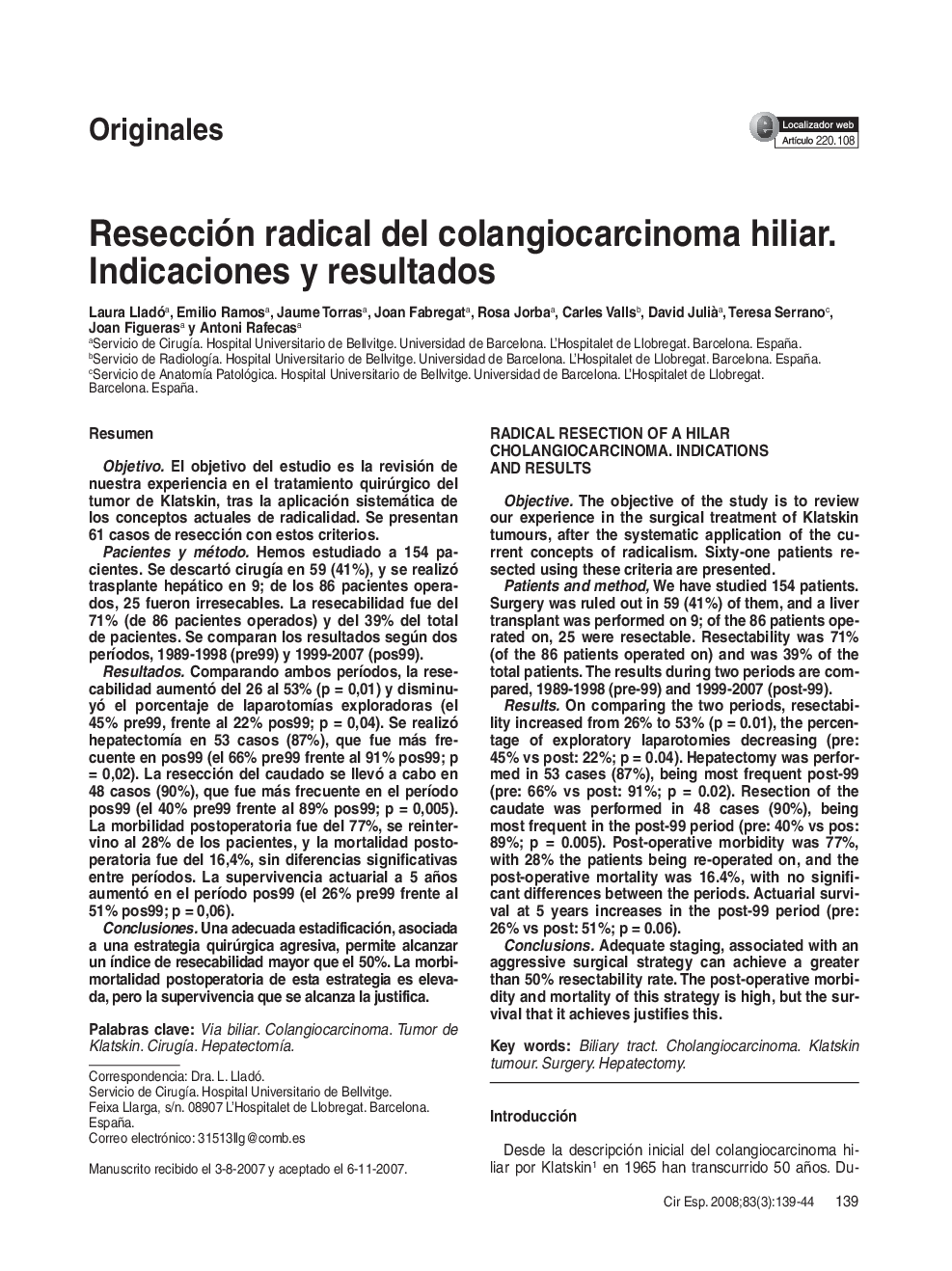 Resección radical del colangiocarcinoma hiliar. Indicaciones y resultados