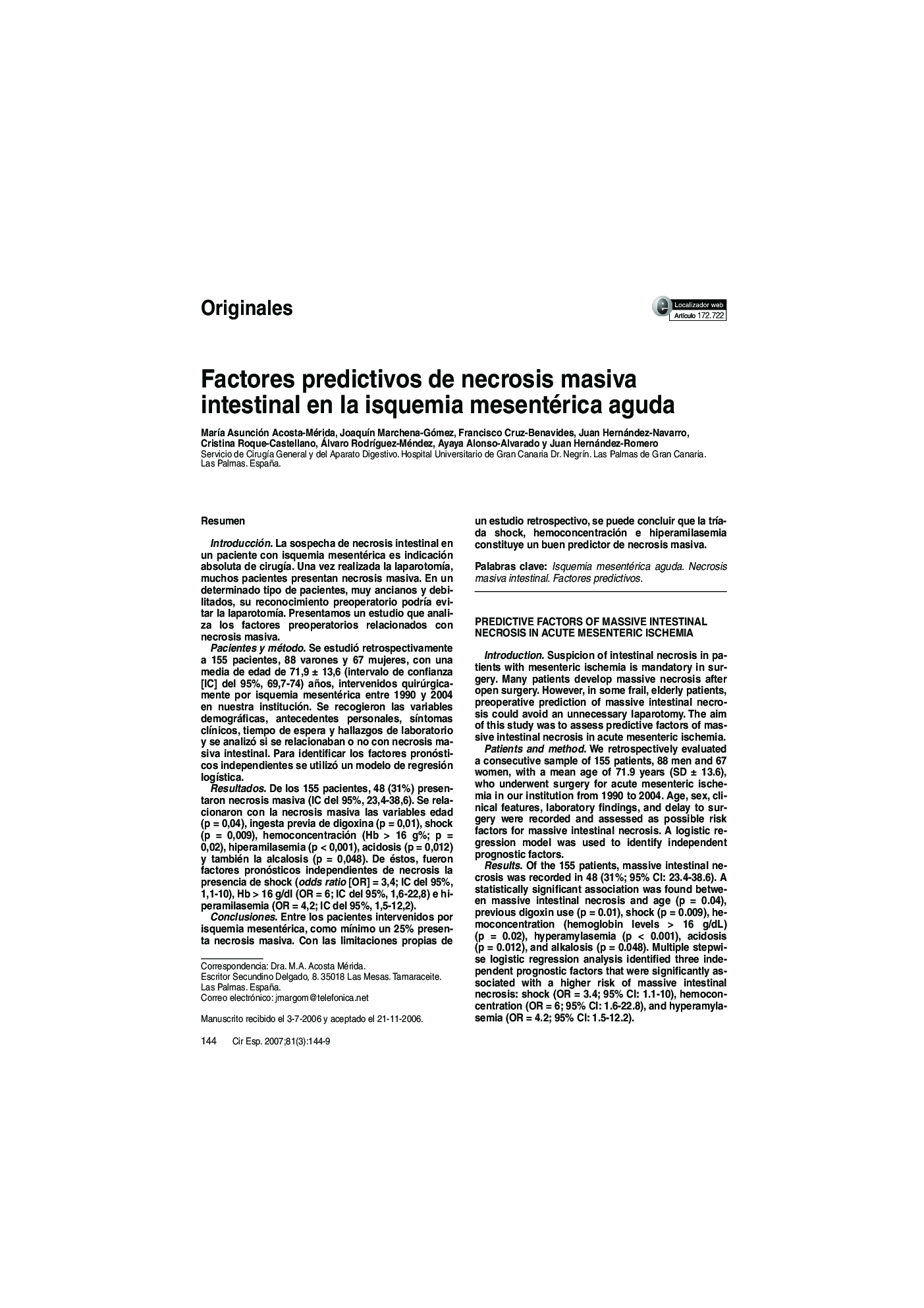 Factores predictivos de necrosis masiva intestinal en la isquemia mesentérica aguda