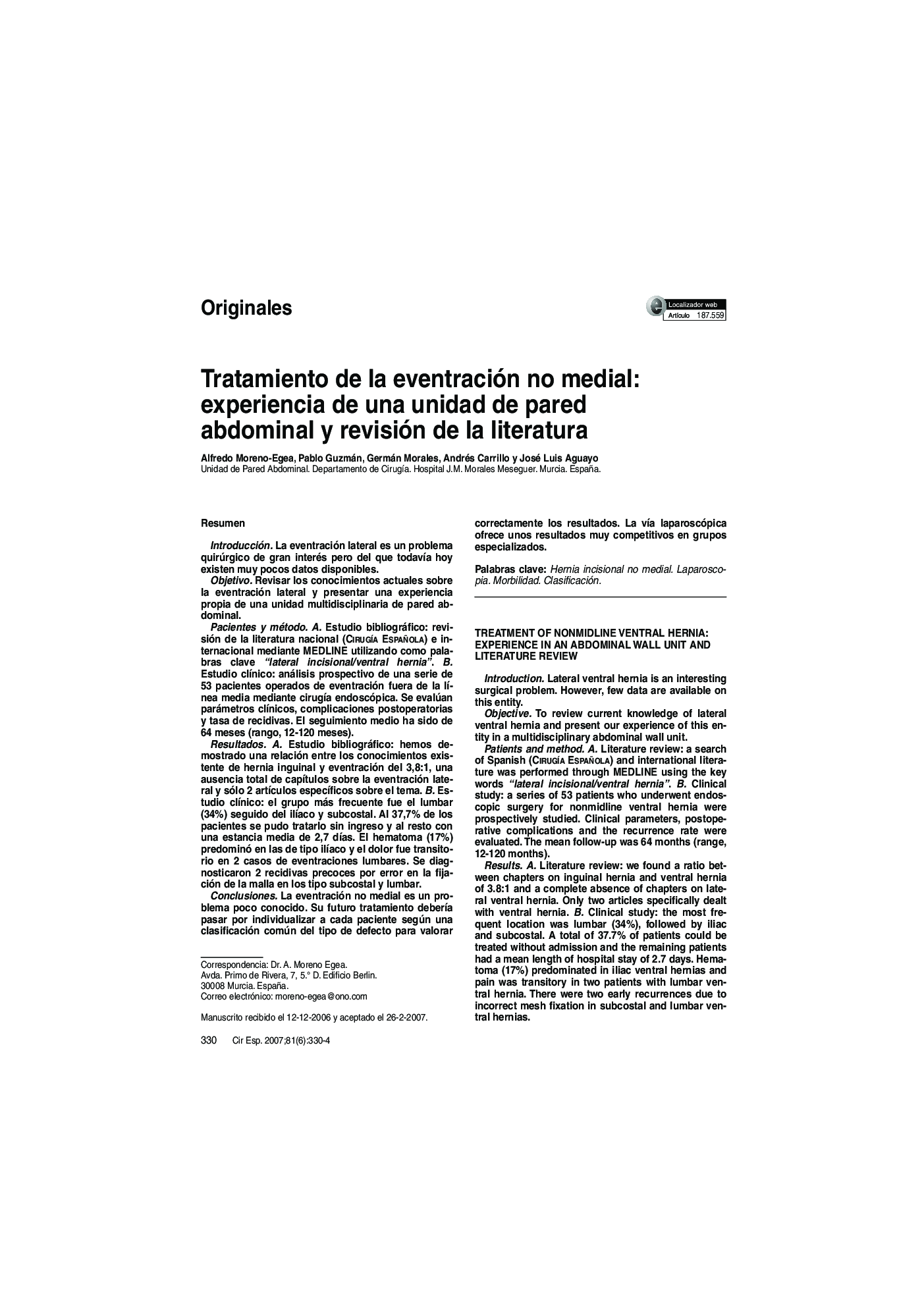 Tratamiento de la eventración no medial: experiencia de una unidad de pared abdominal y revisión de la literatura