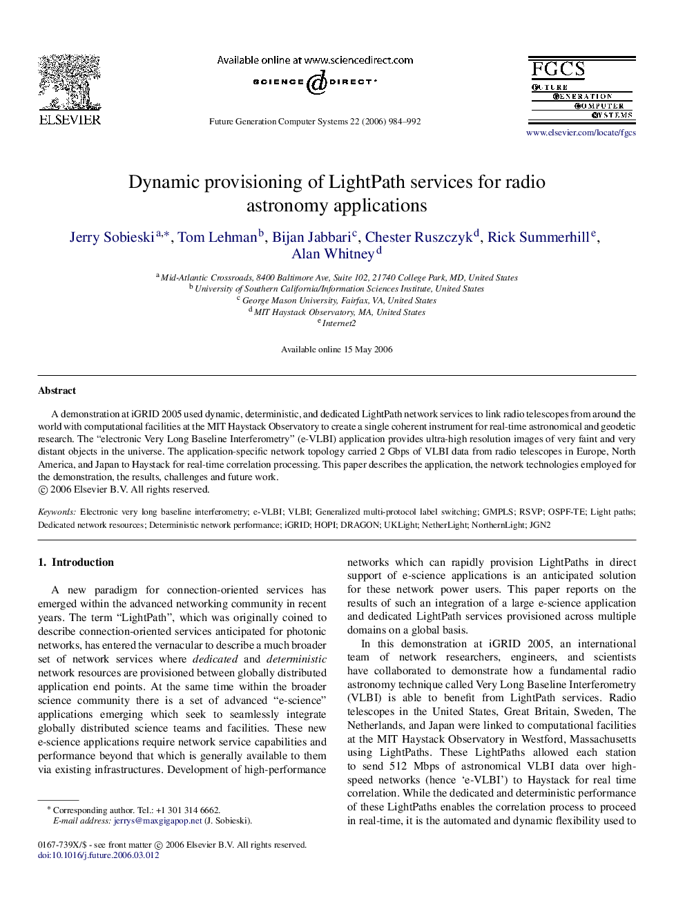 Dynamic provisioning of LightPath services for radio astronomy applications