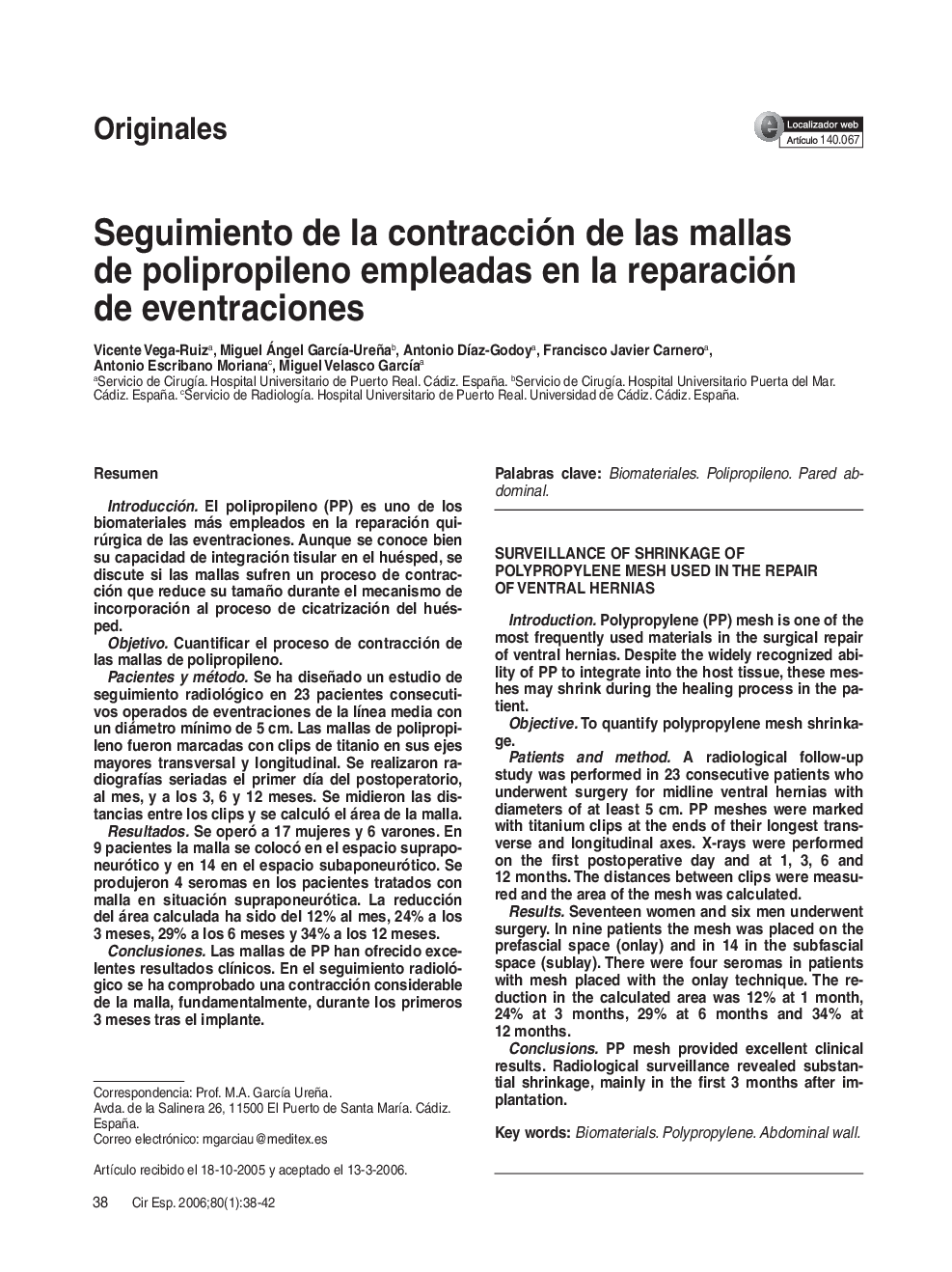 Seguimiento de la contracción de las mallas de polipropileno empleadas en la reparación de eventraciones