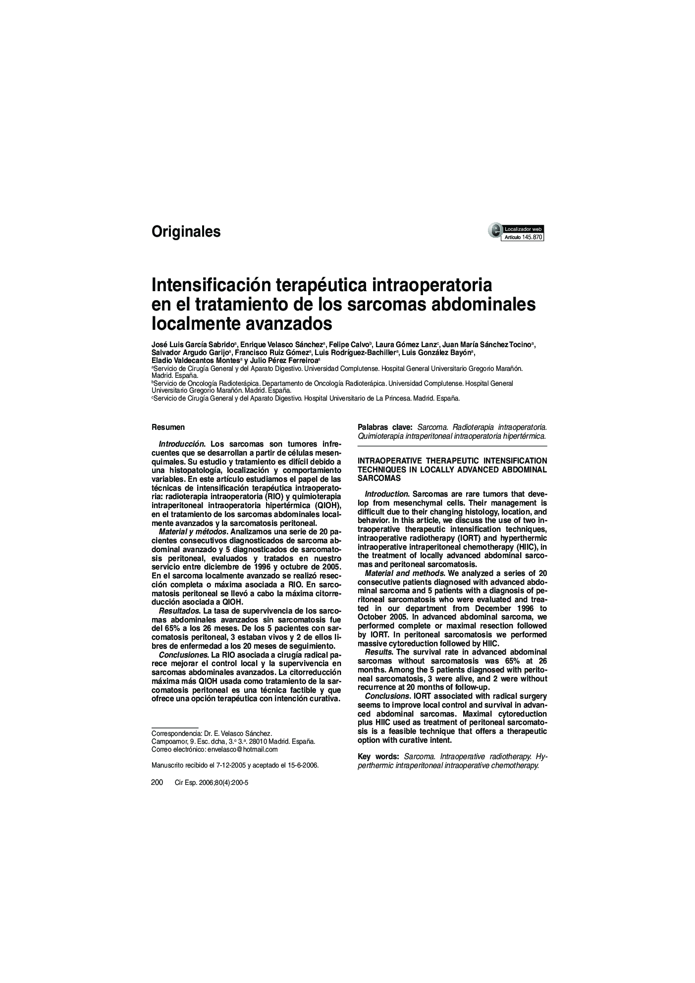 Intensificación terapéutica intraoperatoria en el tratamiento de los sarcomas abdominales localmente avanzados