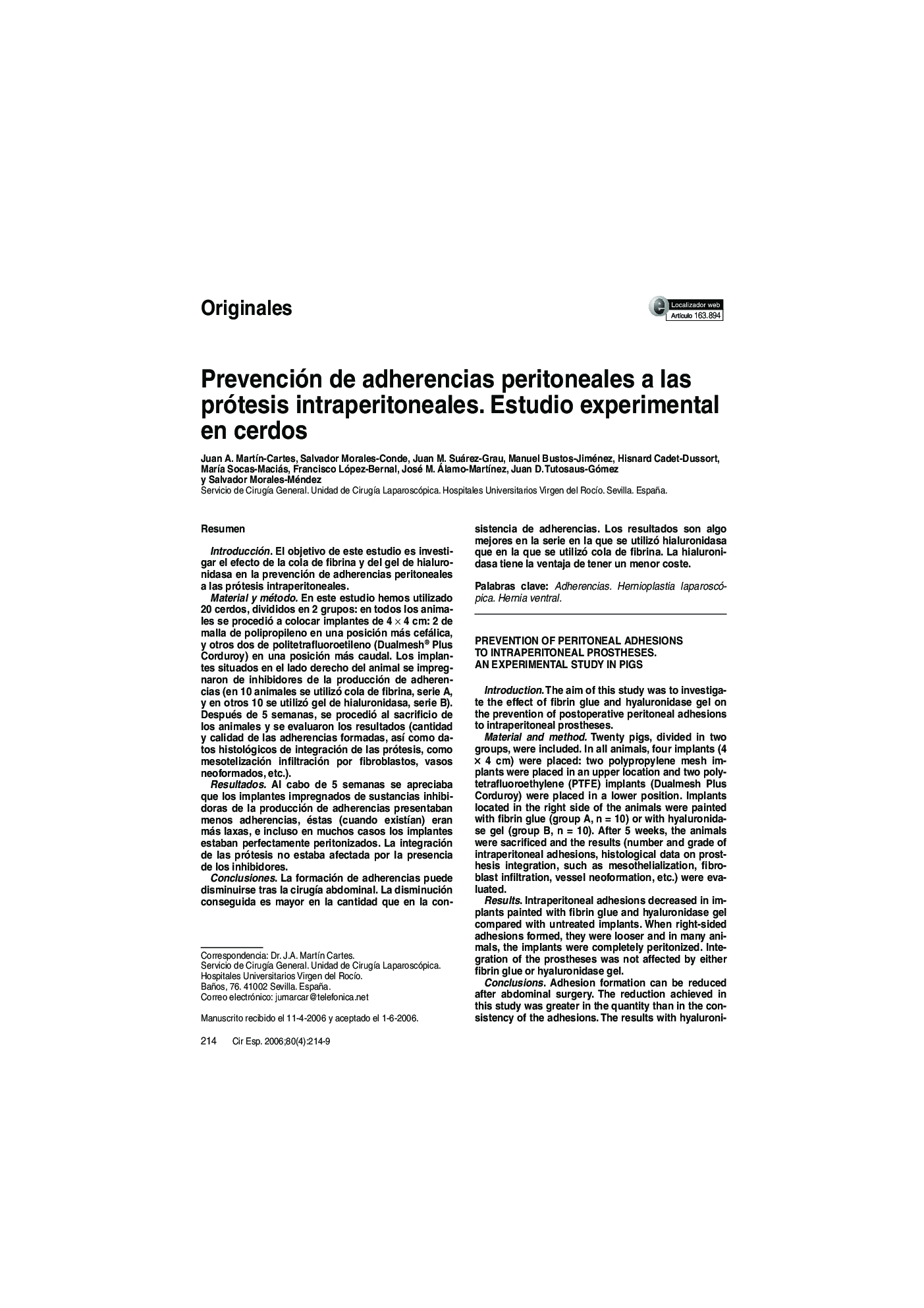 Prevención de adherencias peritoneales a las prótesis intraperitoneales. Estudio experimental en cerdos