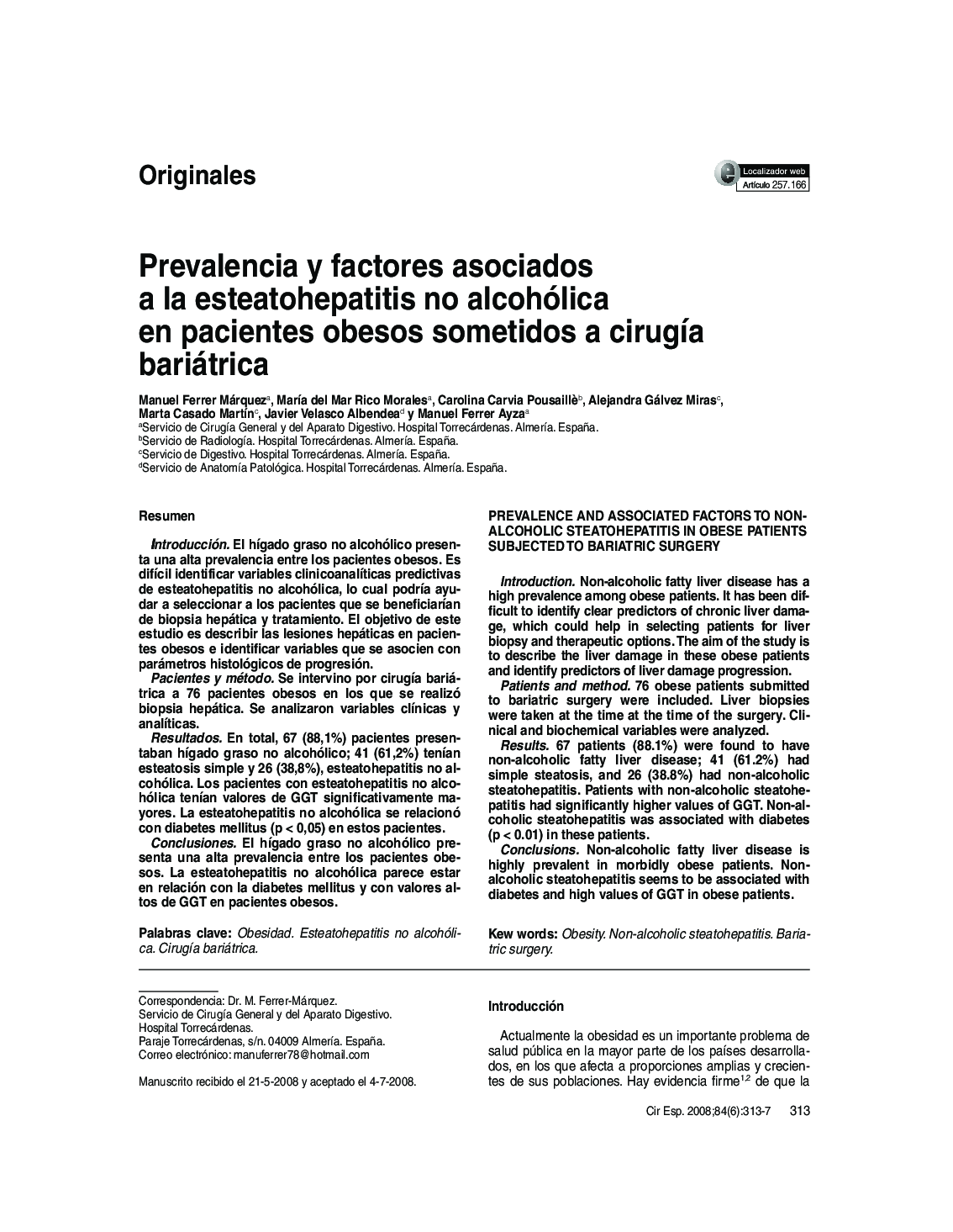 Prevalencia y factores asociados a la esteatohepatitis no alcohólica en pacientes obesos sometidos a cirugía bariátrica
