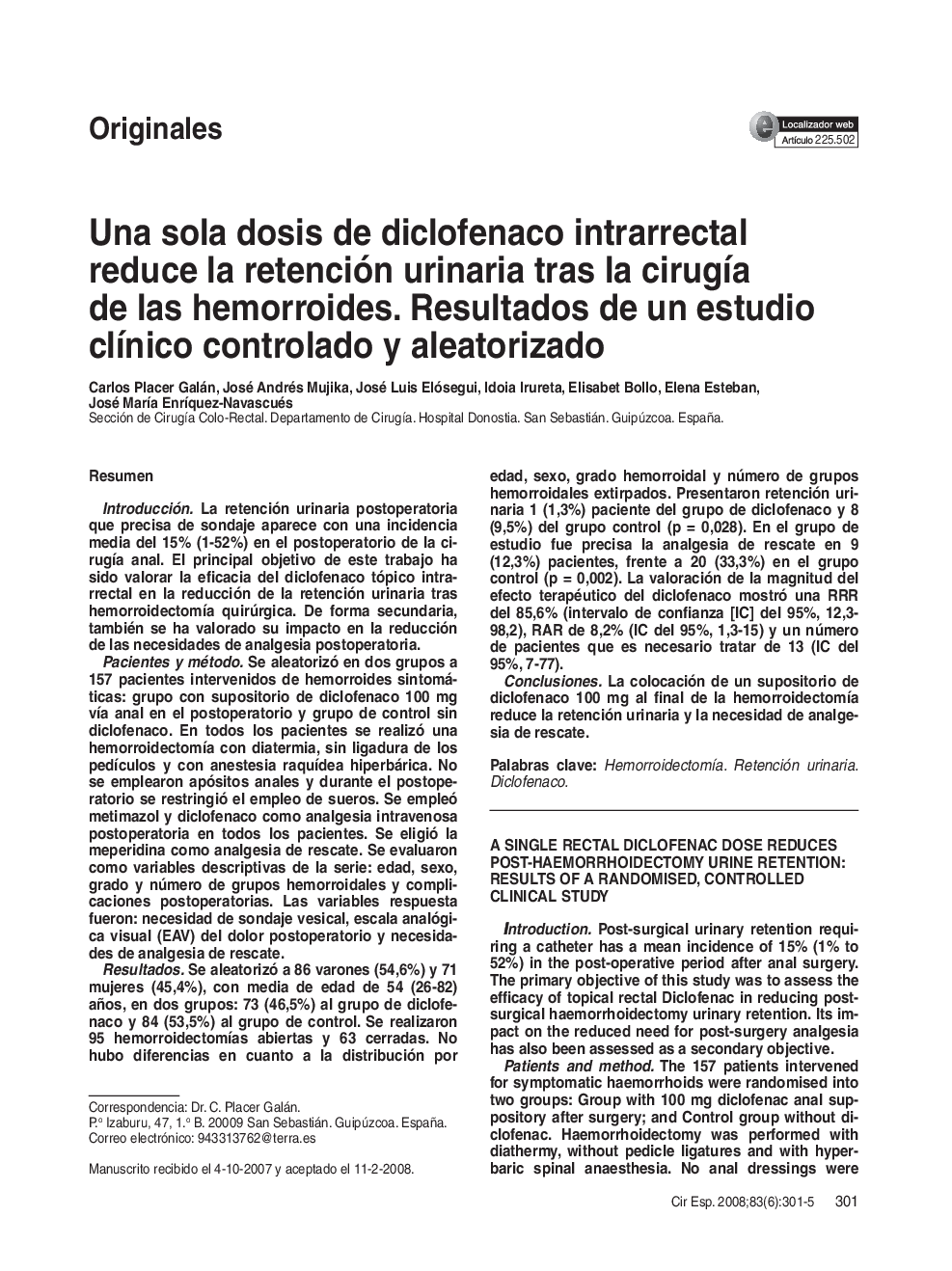 Una sola dosis de diclofenaco intrarrectal reduce la retención urinaria tras la cirugía de las hemorroides. Resultados de un estudio clínico controlado y aleatorizado