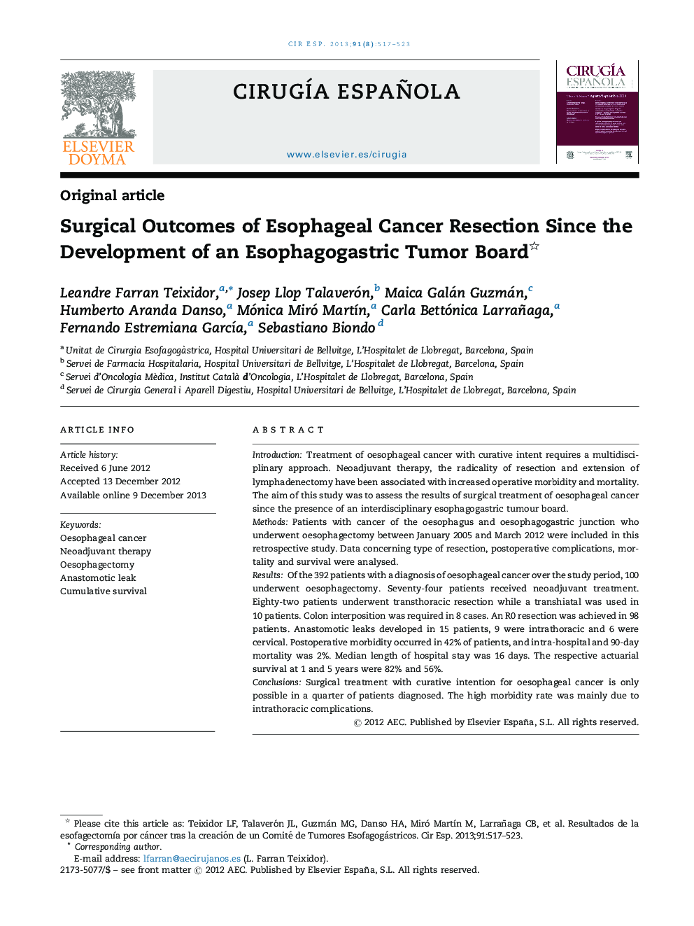 Surgical Outcomes of Esophageal Cancer Resection Since the Development of an Esophagogastric Tumor Board