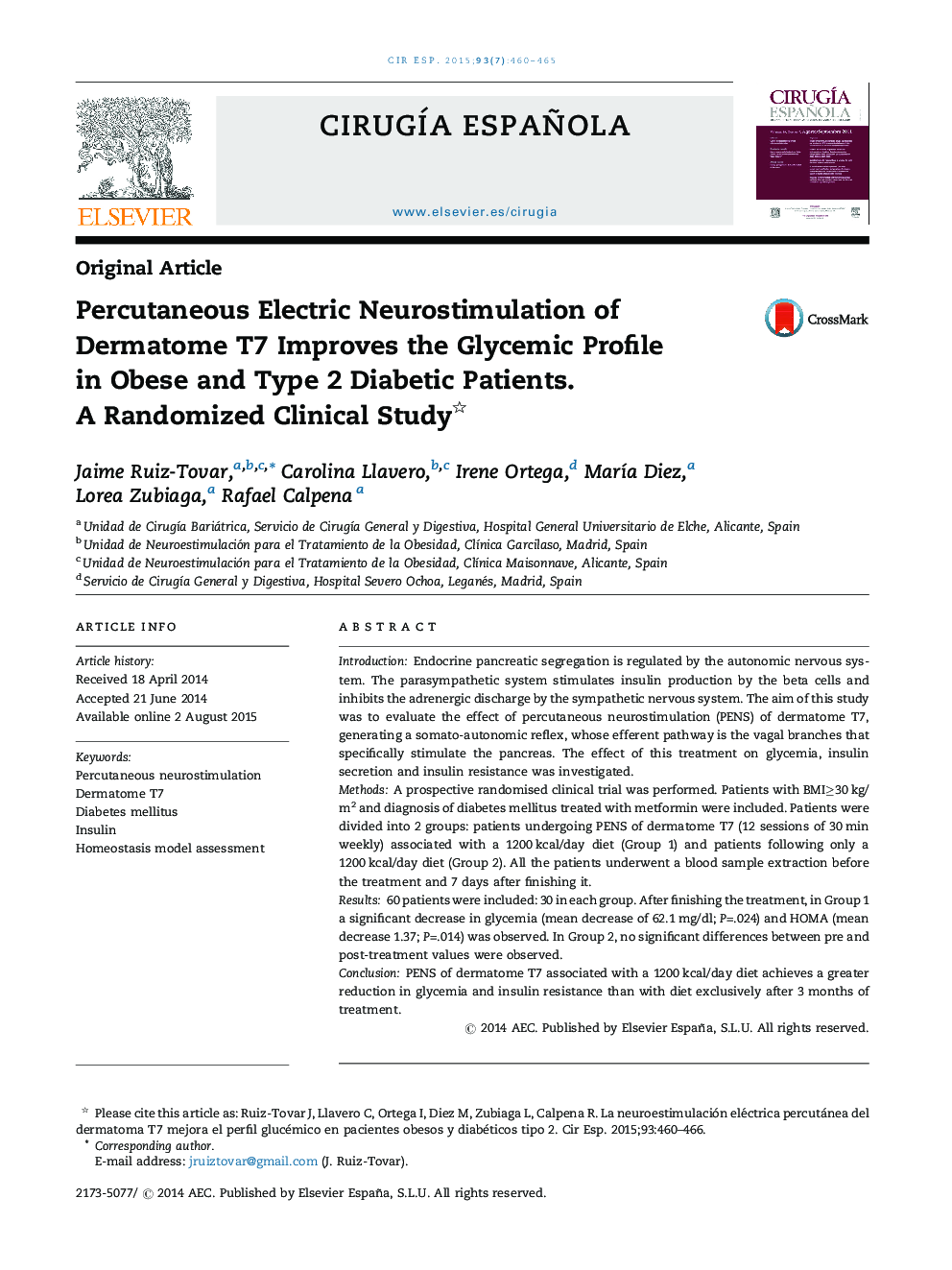 Percutaneous Electric Neurostimulation of Dermatome T7 Improves the Glycemic Profile in Obese and Type 2 Diabetic Patients. A Randomized Clinical Study 