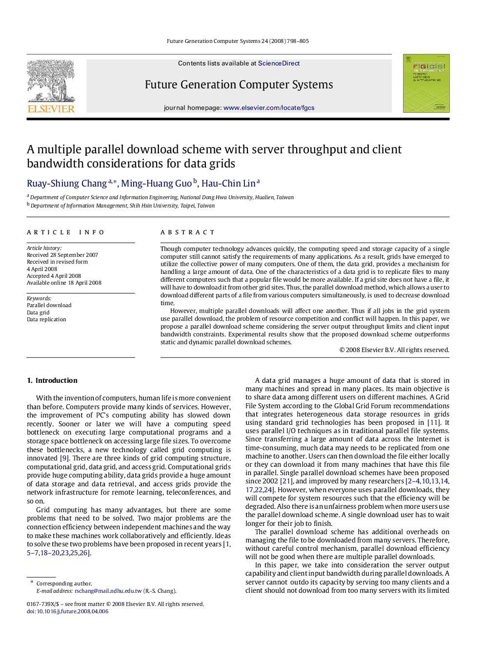 A multiple parallel download scheme with server throughput and client bandwidth considerations for data grids