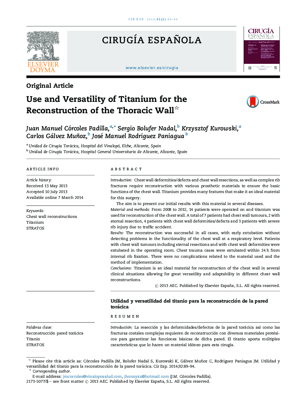 Use and Versatility of Titanium for the Reconstruction of the Thoracic Wall 