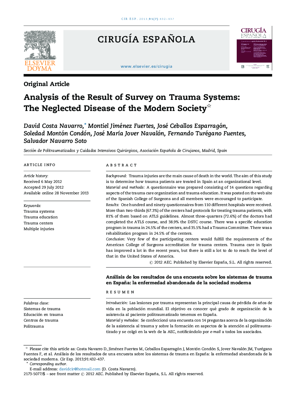 Analysis of the Result of Survey on Trauma Systems: The Neglected Disease of the Modern Society 