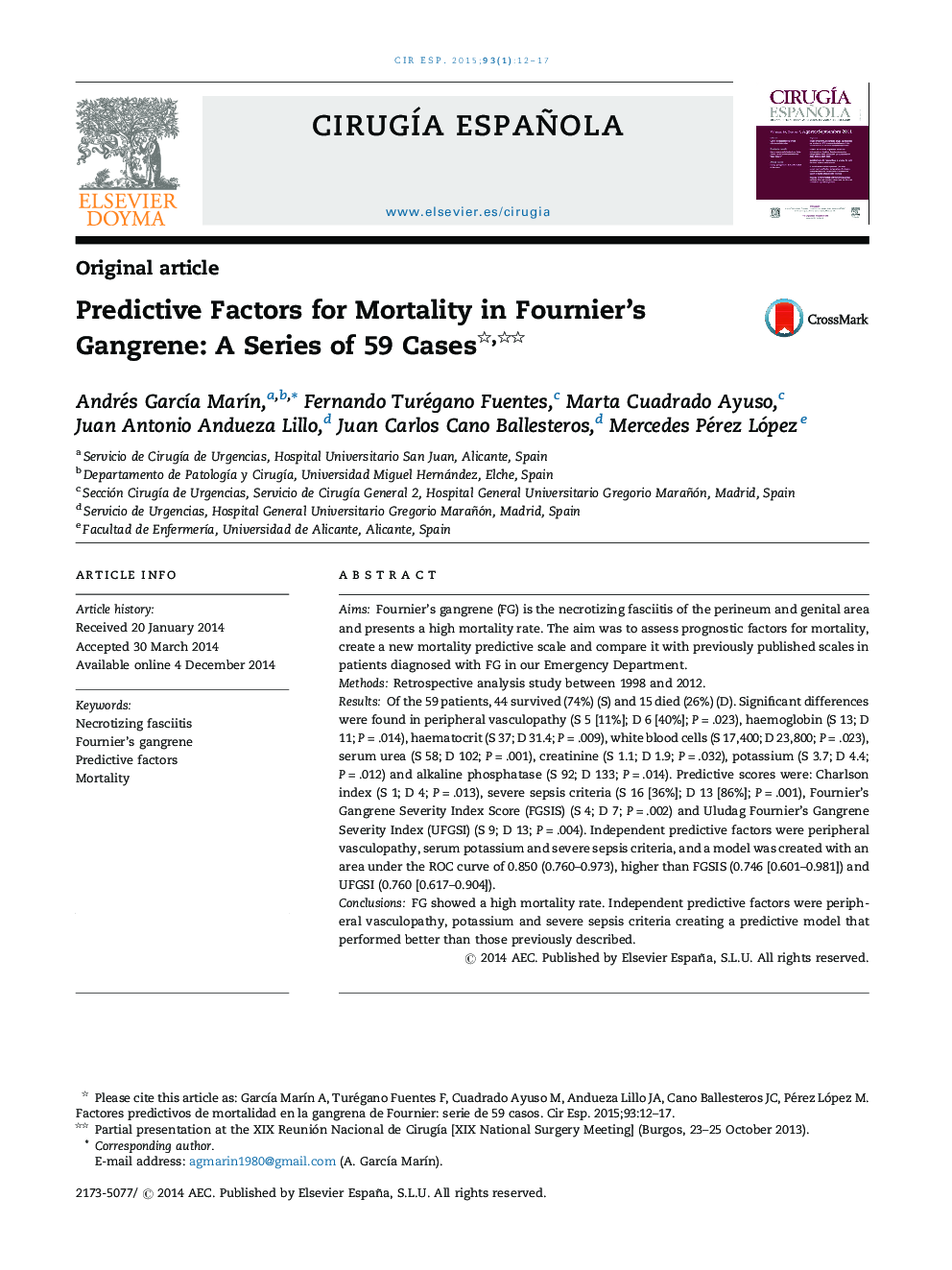 Predictive Factors for Mortality in Fournier's Gangrene: A Series of 59 Cases 