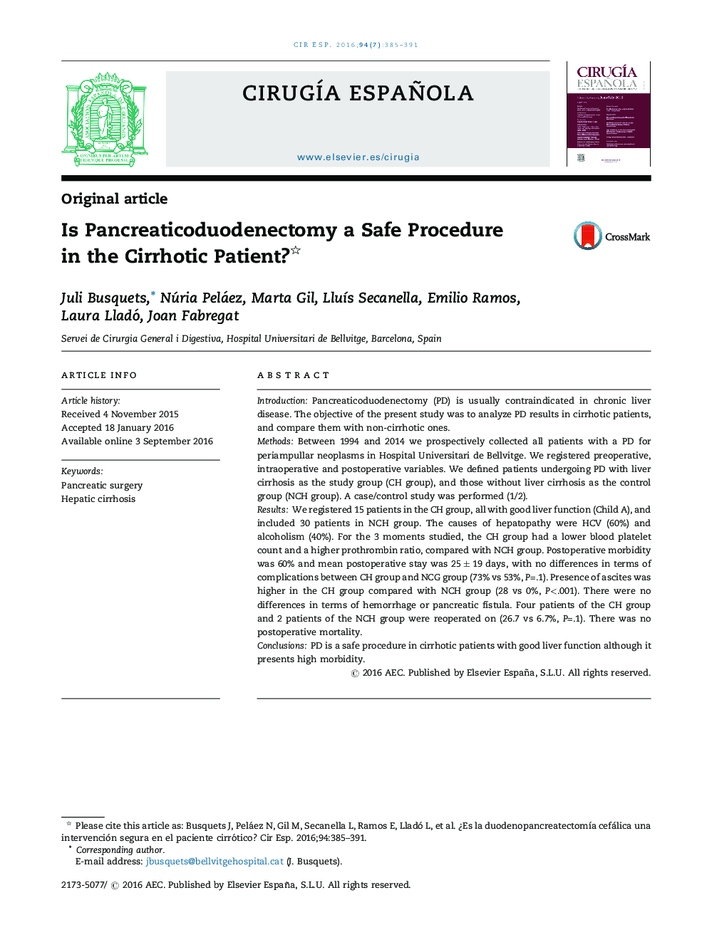 Is Pancreaticoduodenectomy a Safe Procedure in the Cirrhotic Patient? 