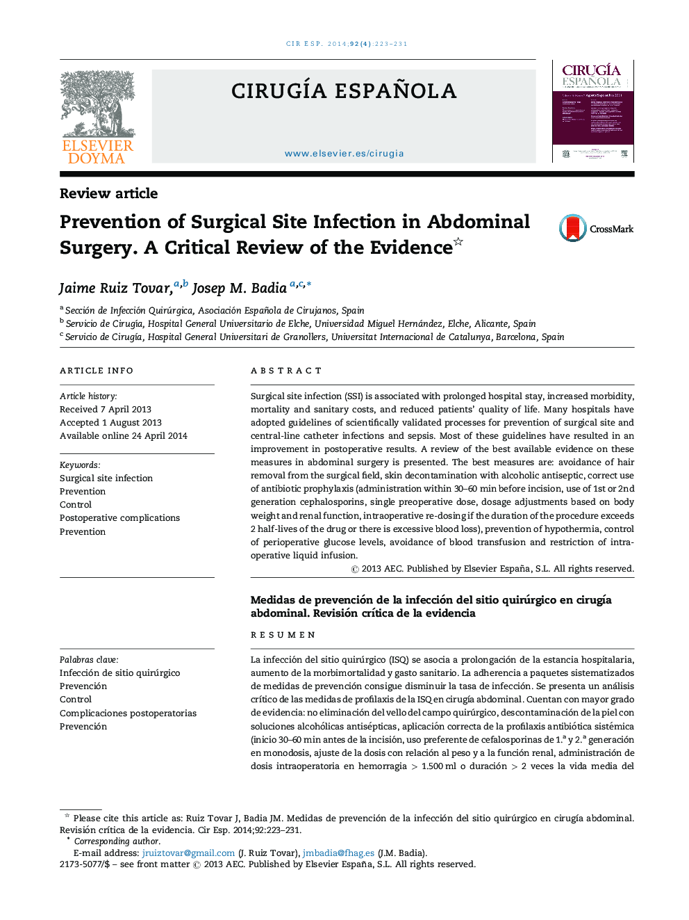 Prevention of Surgical Site Infection in Abdominal Surgery. A Critical Review of the Evidence 