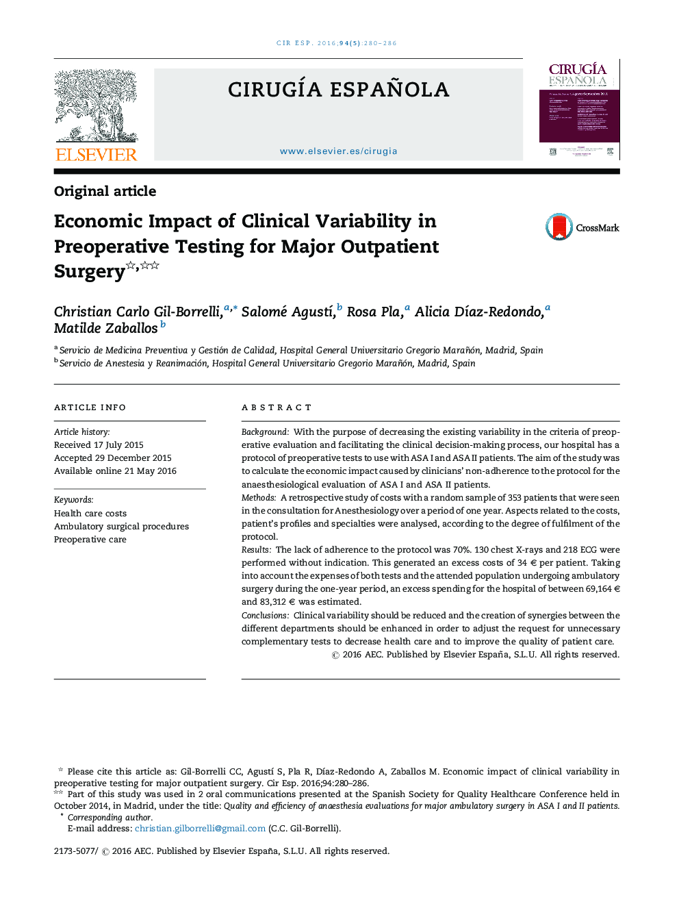 Economic Impact of Clinical Variability in Preoperative Testing for Major Outpatient Surgery 