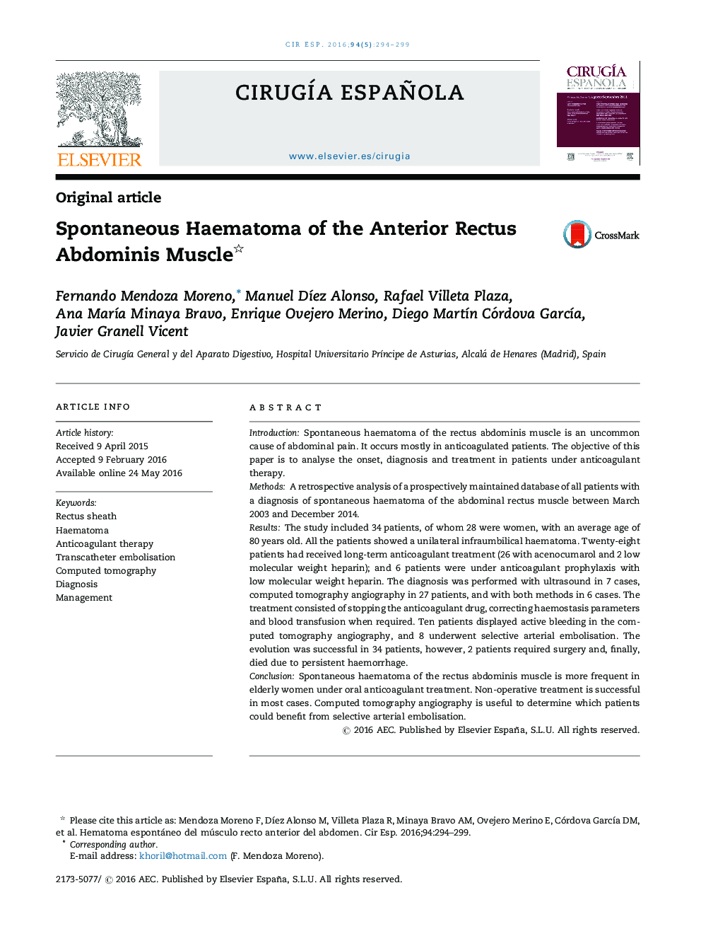 Spontaneous Haematoma of the Anterior Rectus Abdominis Muscle 