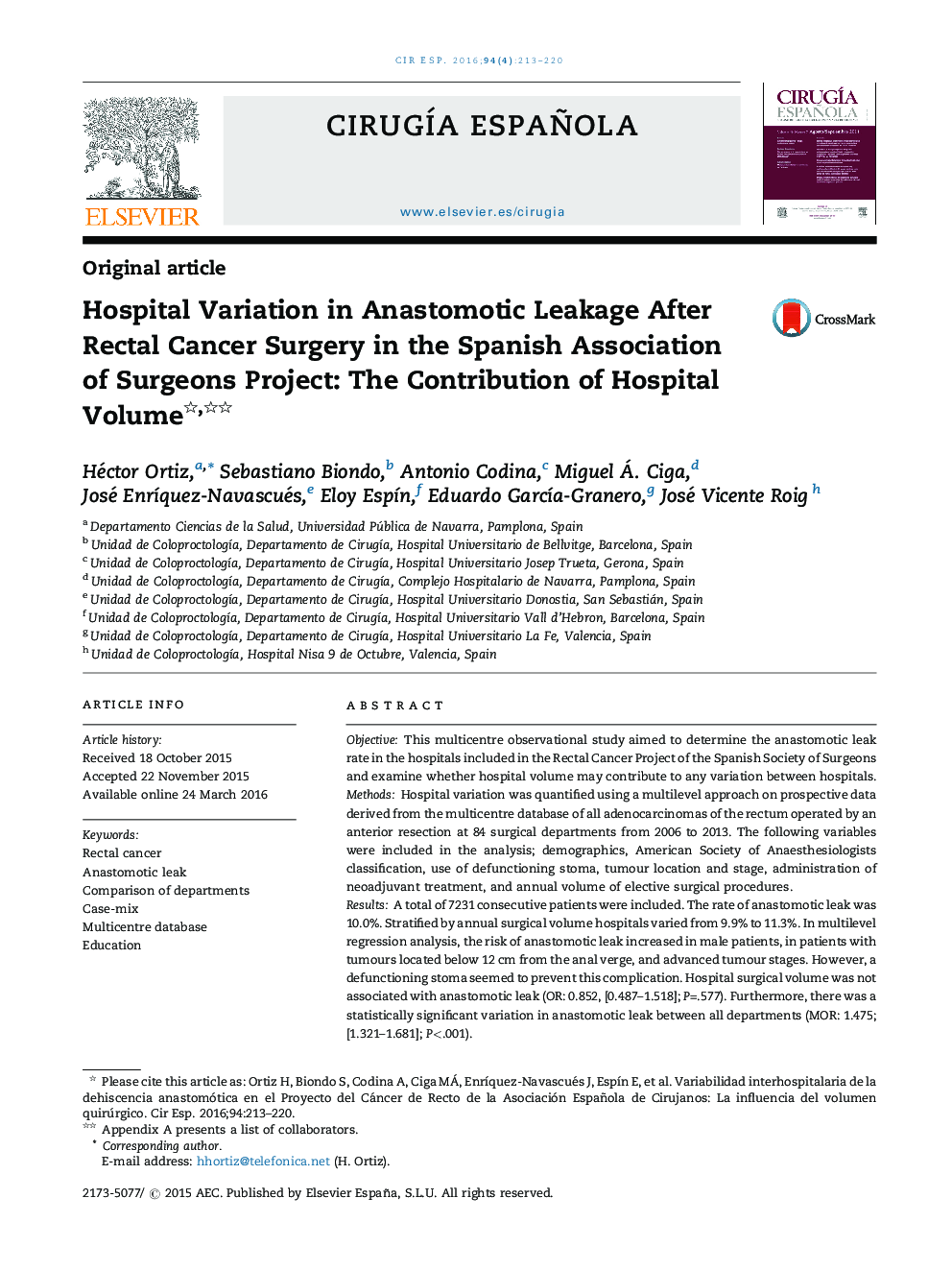 Hospital Variation in Anastomotic Leakage After Rectal Cancer Surgery in the Spanish Association of Surgeons Project: The Contribution of Hospital Volume 