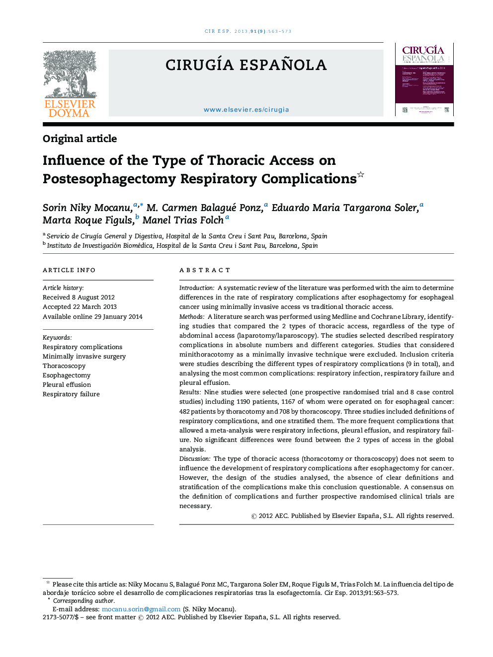 Influence of the Type of Thoracic Access on Postesophagectomy Respiratory Complications 