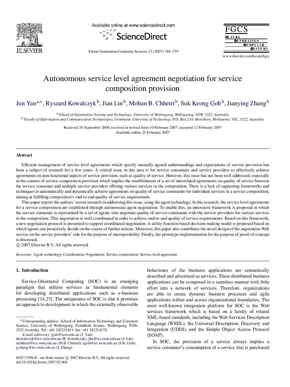 Autonomous service level agreement negotiation for service composition provision