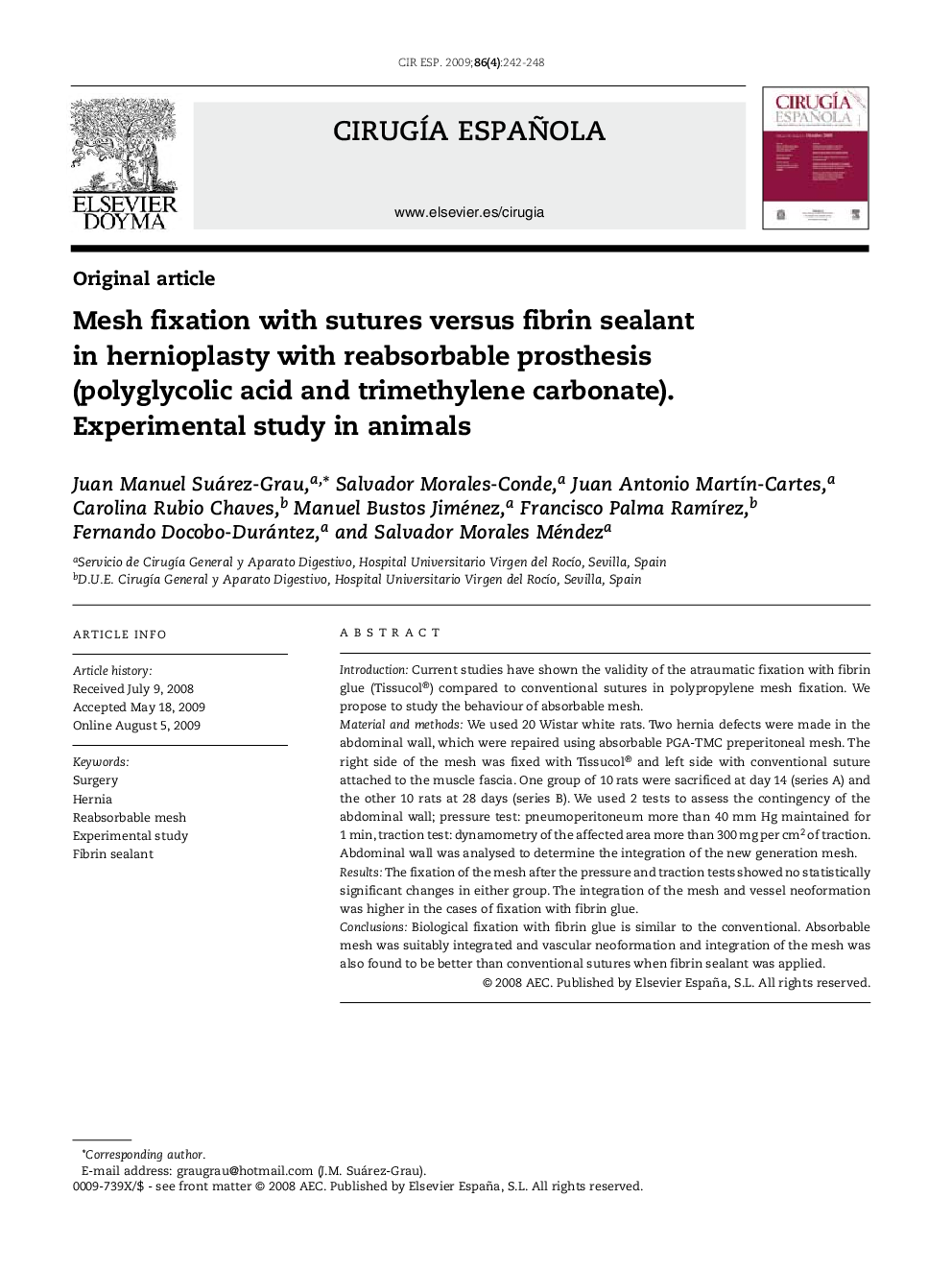 Mesh fixation with sutures versus fibrin sealant in hernioplasty with reabsorbable prosthesis (polyglycolic acid and trimethylene carbonate). Experimental study in animals